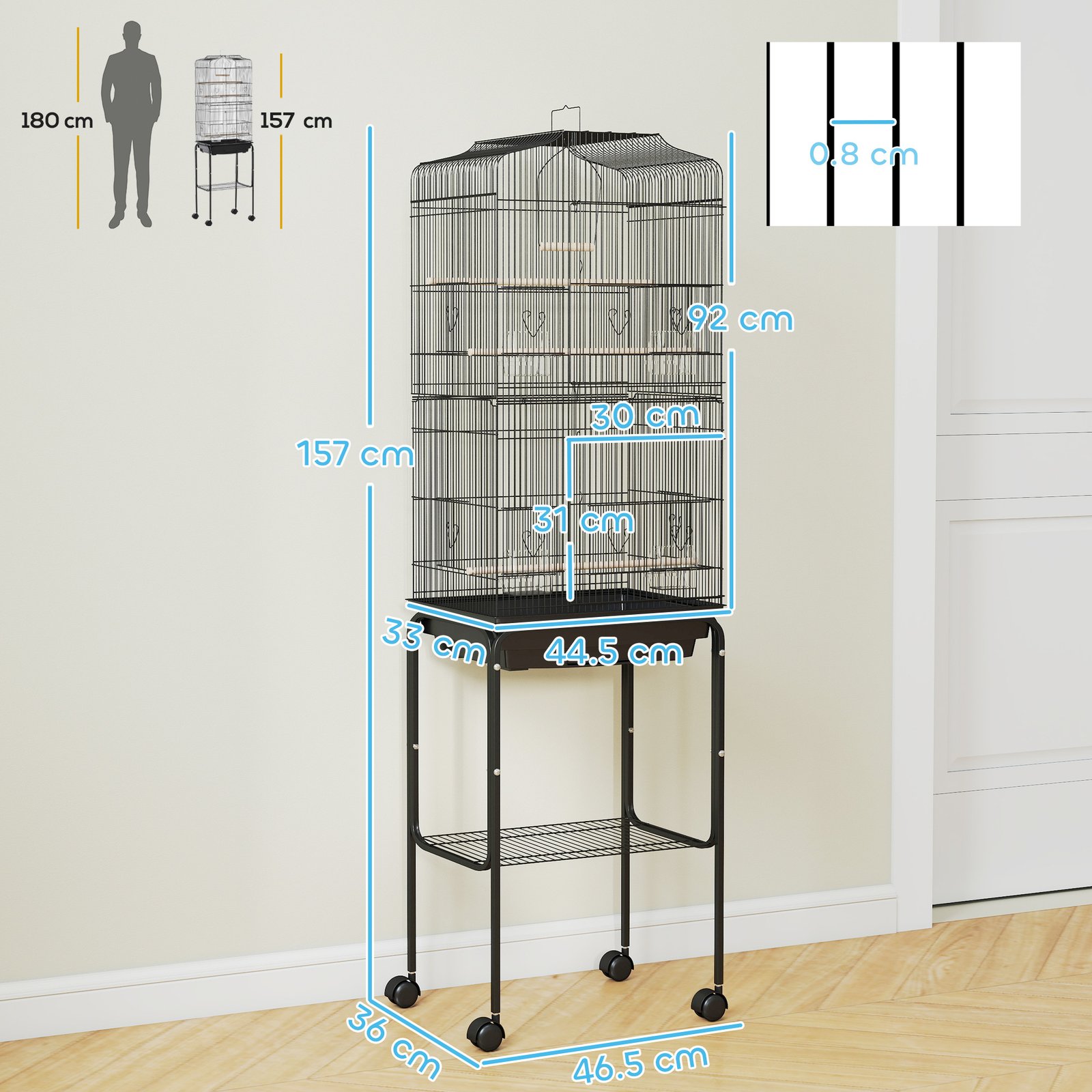 Bird Cage Budgie Cages for Finch Canary Parakeet with Stand Wheels Slide-out Tray Accessories Storage Shelf, Black 46.5 x 36 x 157 cm