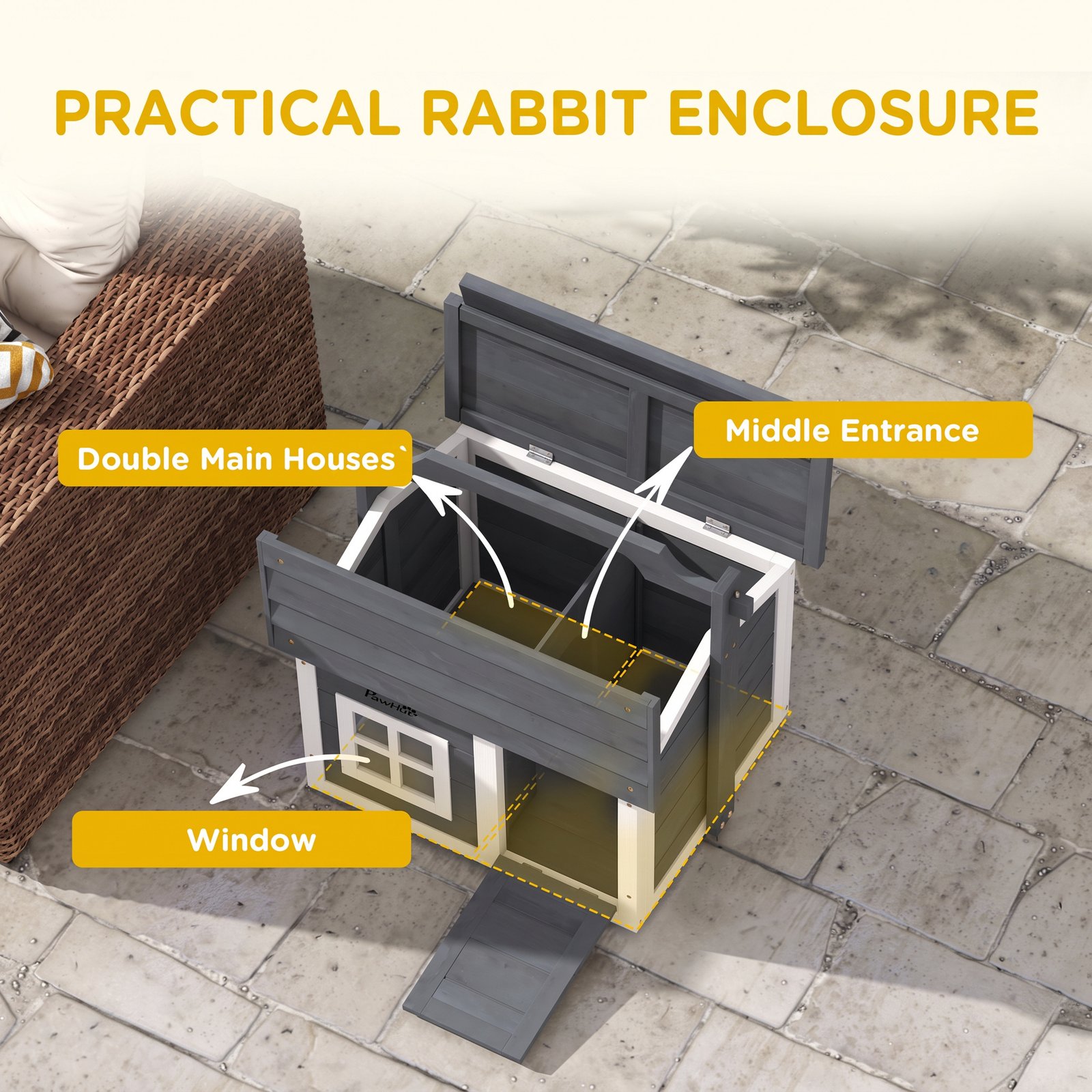 Indoor Rabbit Hutch, Portable Small Animal Cage Outdoor, with Top Handle, Openable Roof - Grey