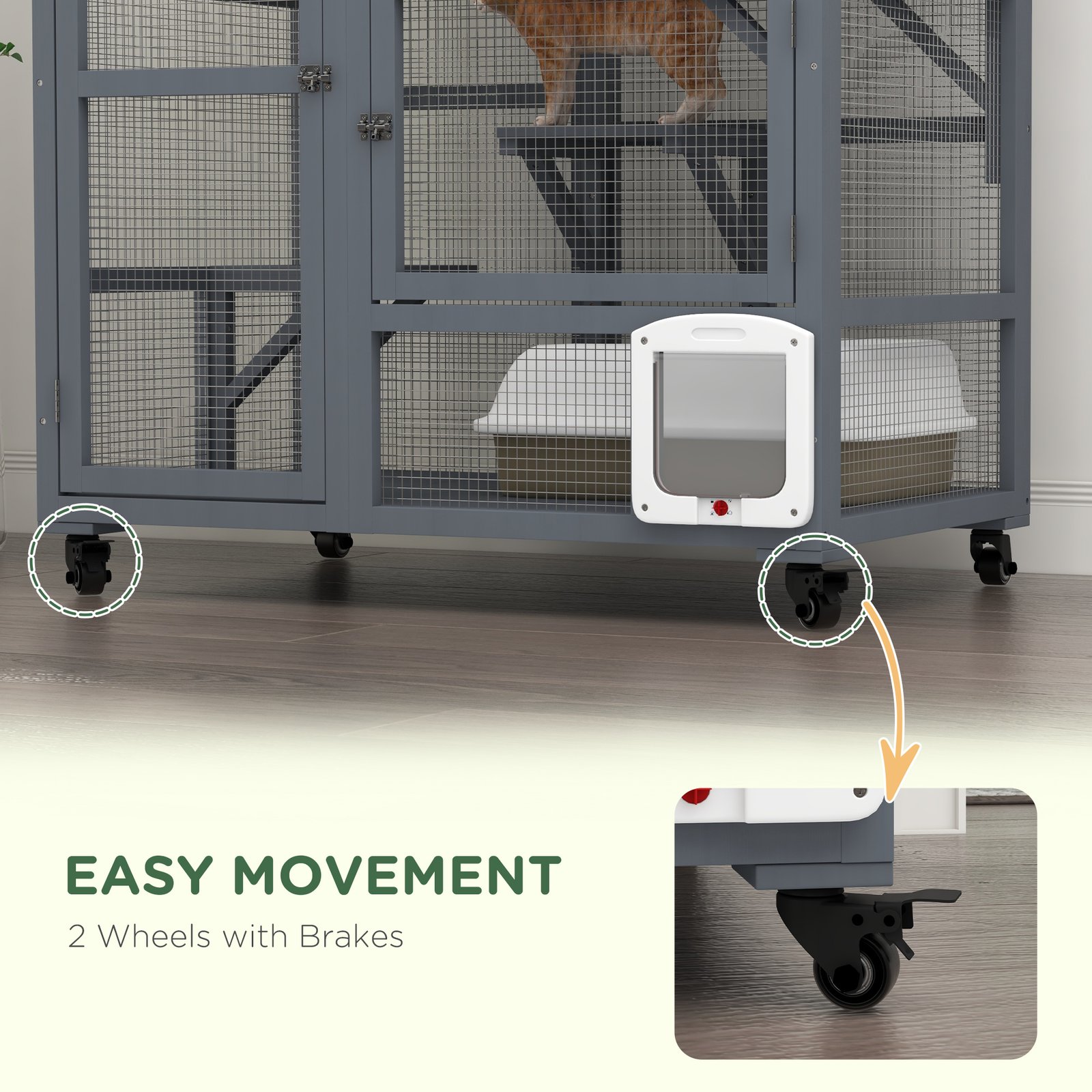 Cat House, Wooden Indoor Catio Cat Enclosure on Wheels, Wooden Kitty Cage with Platforms, Hammock, Light Grey