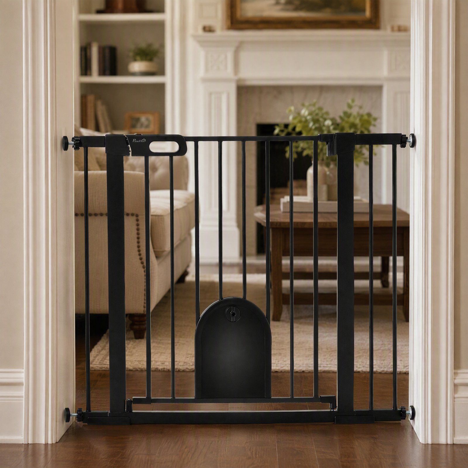 Dog Gate with Cat Flap Pet Safety Gate Barrier, Stair Pressure Fit, Auto Close, Double Locking, for Doorways, Hallways, 75-103 cm Black