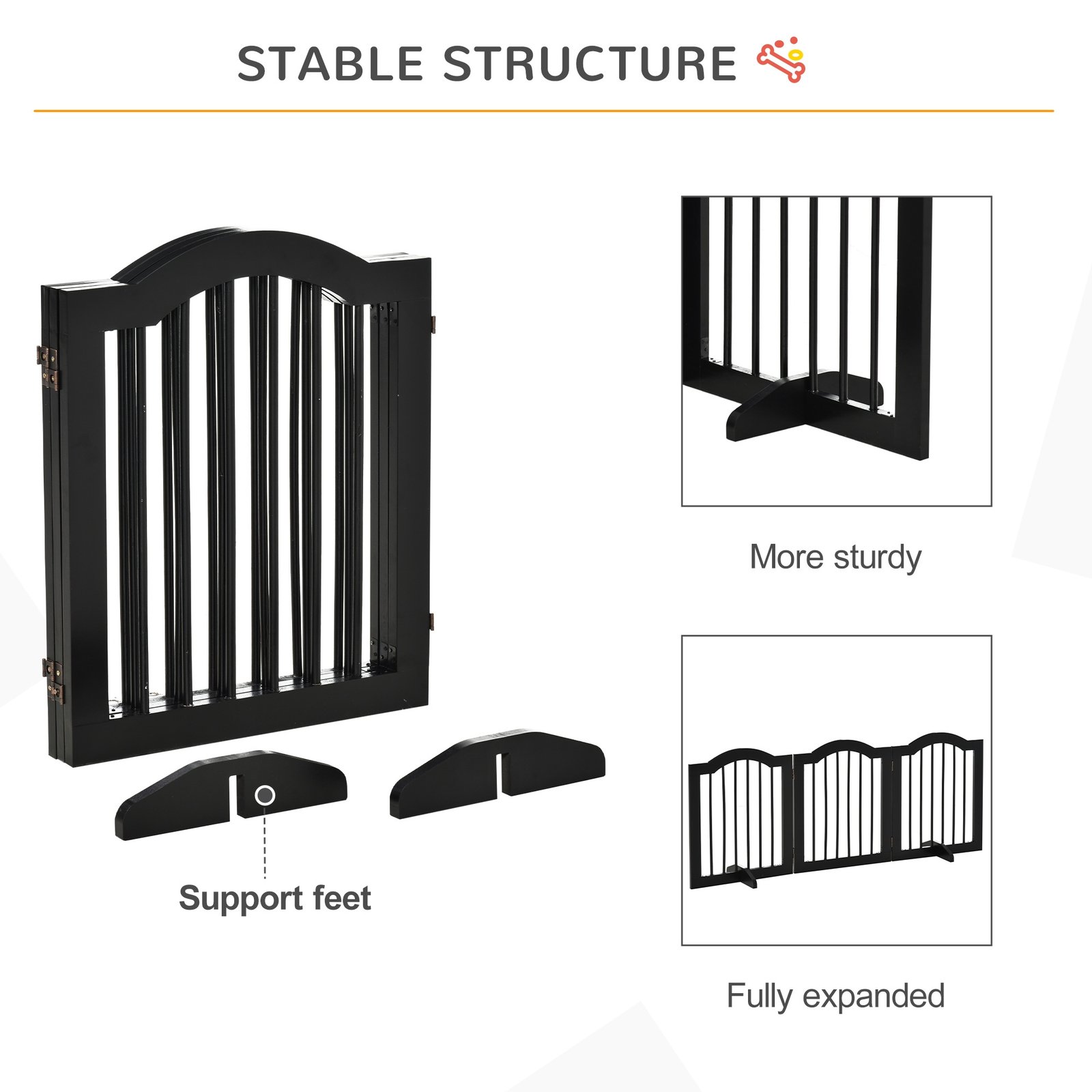 Freestanding Dog Gate Wooden Stair Gate for Dogs with Support Feet Foldable Pet Fence Safety Barrier for the House Doorway Stairs Black