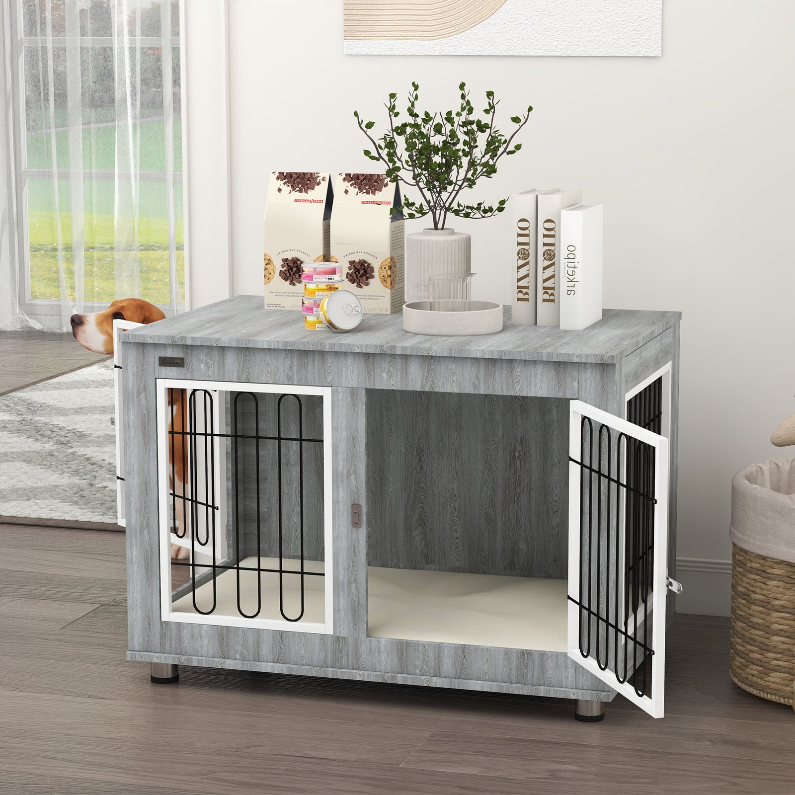 Dog Crate Furniture End Table, with Washable Cushion, Double Doors, for Medium/Large Dogs, Grey - Image 8