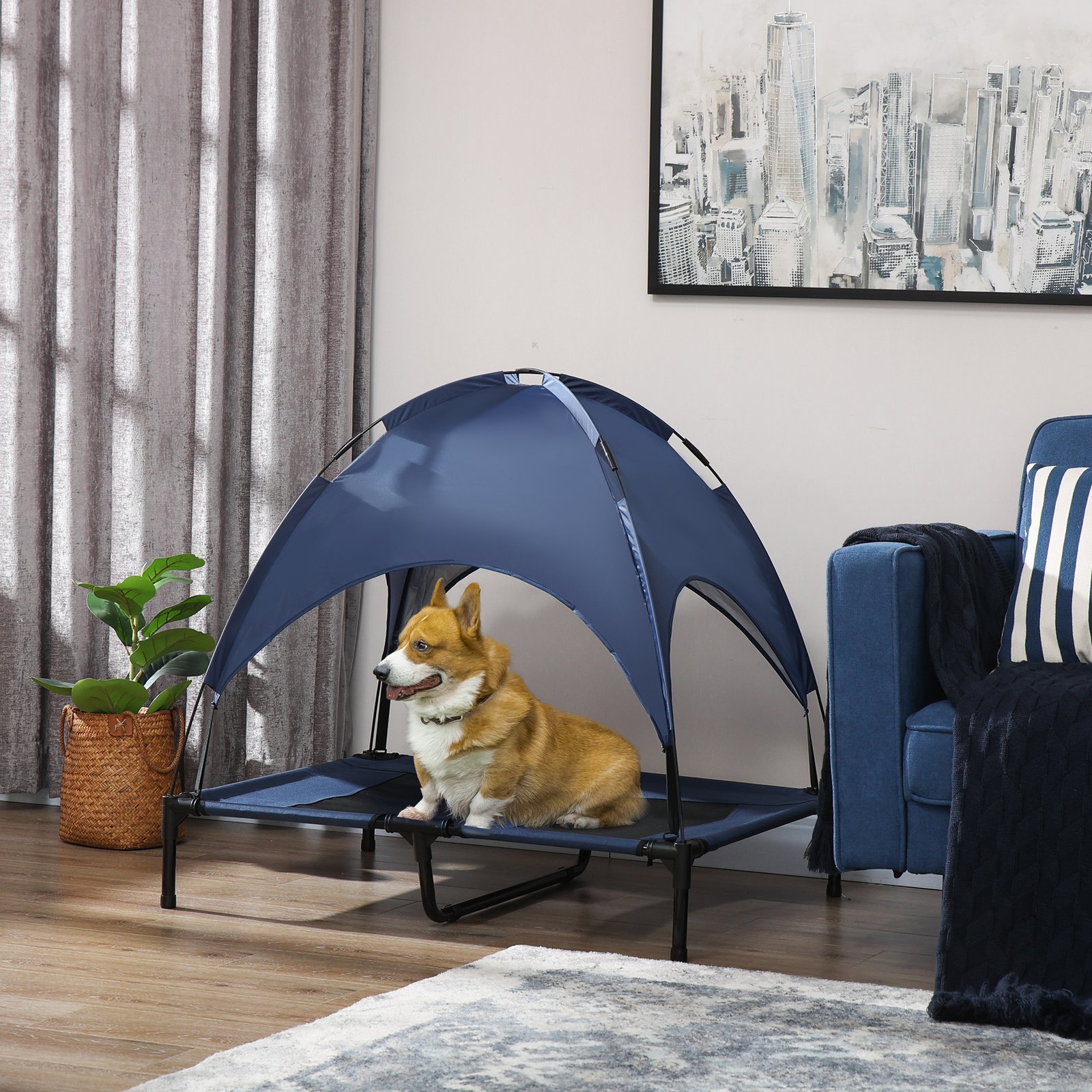 Outdoor Dog Bed with Removable Canopy, Portable Raised Dog Bed for Camping, Garden & Beach, Water-Resistant UV-Protection Mesh Pet Cot Sun Lounger, for Large Pets, 92 x 76 x 90 cm, Dark Blue - Image 9