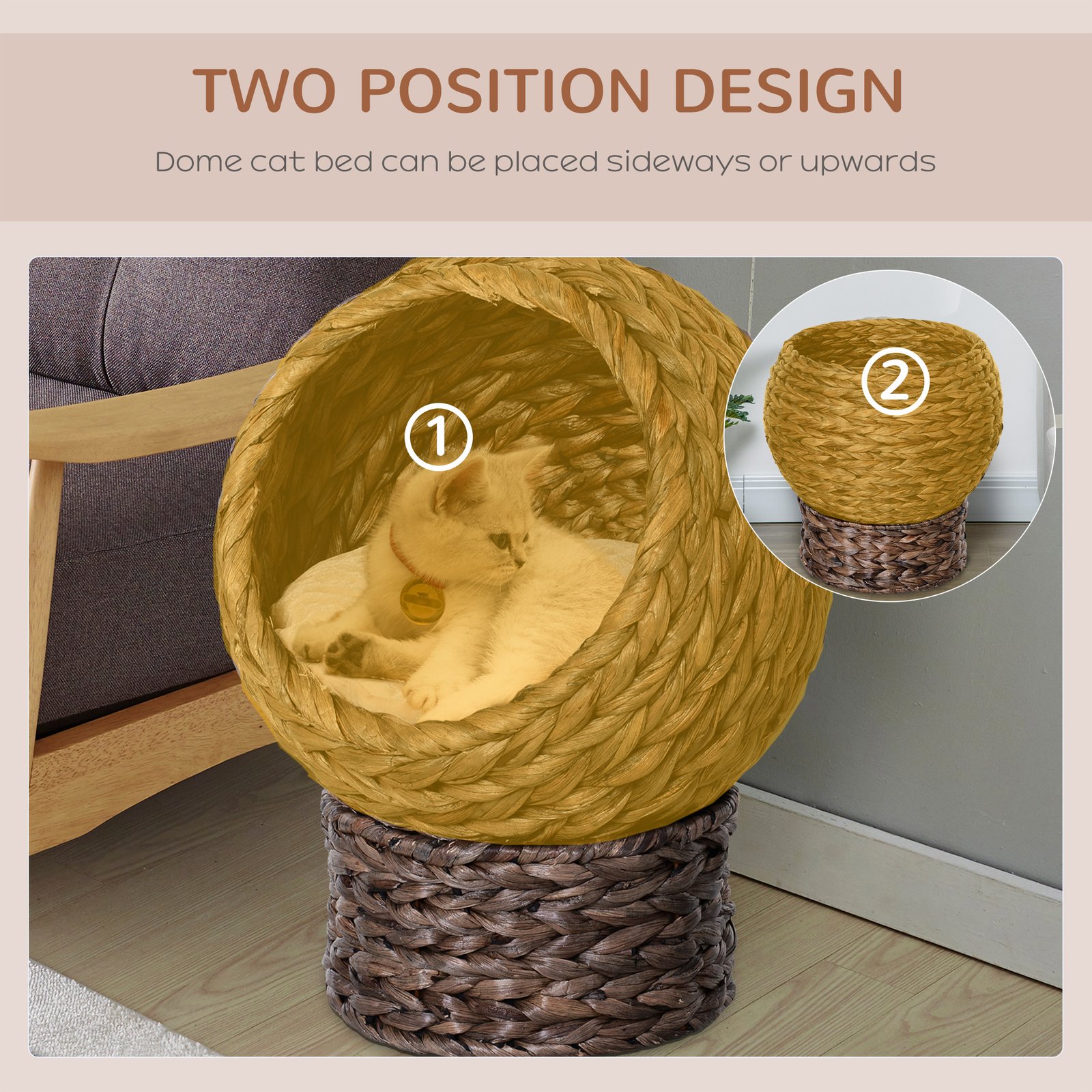 Wicker Cat Bed, Raised Rattan Cat Basket with Cylindrical Base, Soft Washable Cushion, 42 x 33 x 52cm - Brown - Image 6