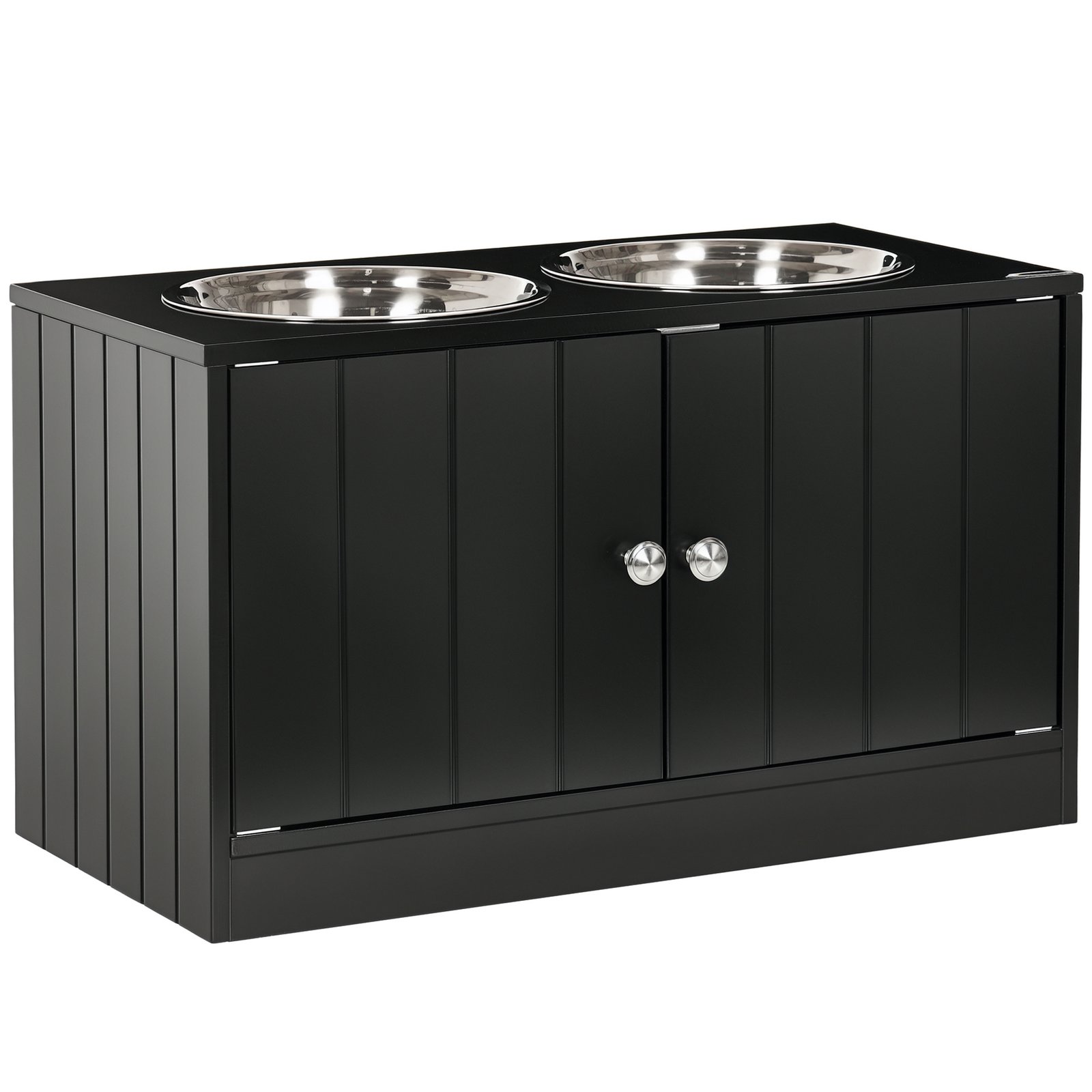 Raised Pet Feeder, with Two Bowls, Storage - Black
