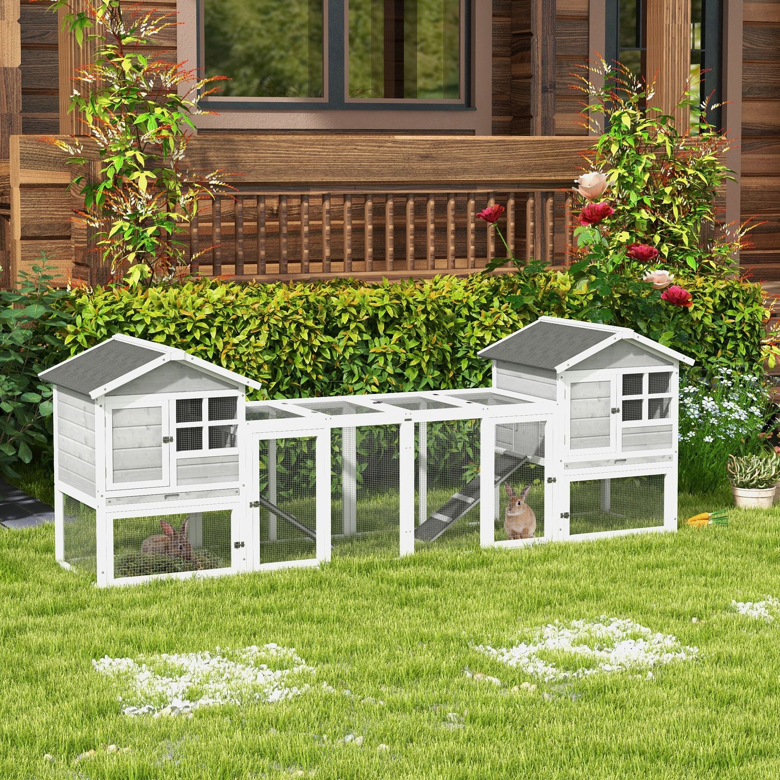2 in 1 Rabbit Hutch Outdoor Guinea Pig Hutch Bunny Run Double Main House with Run, No-Leak Tray 259 x 64 x 92cm, Grey - Image 9