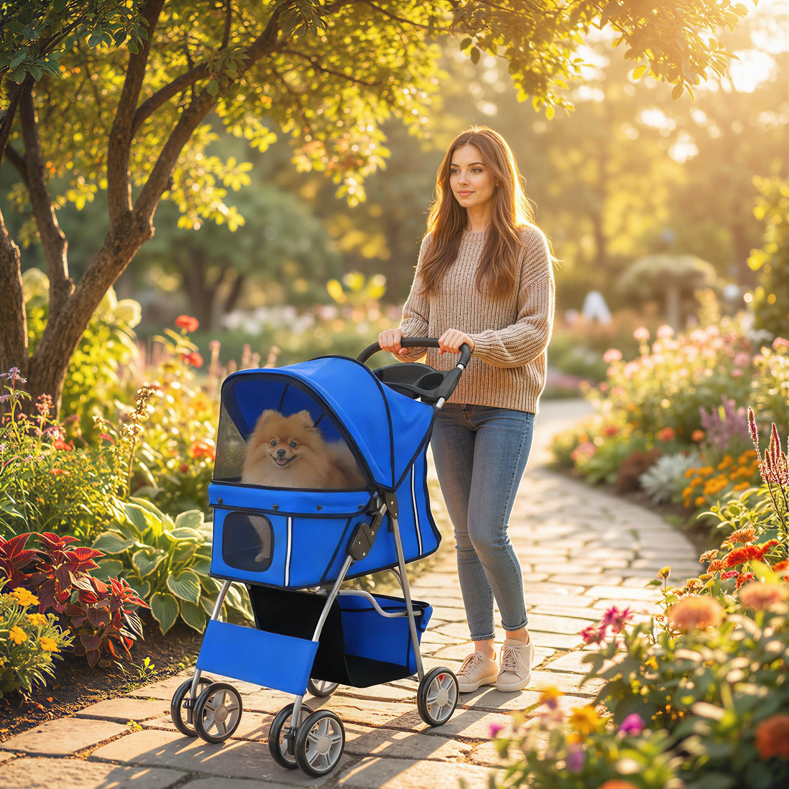 Dog Pram, Pet Stroller with Reflective Strips, Foldable Cat Stroller with 360° Swivel Wheels, Blue