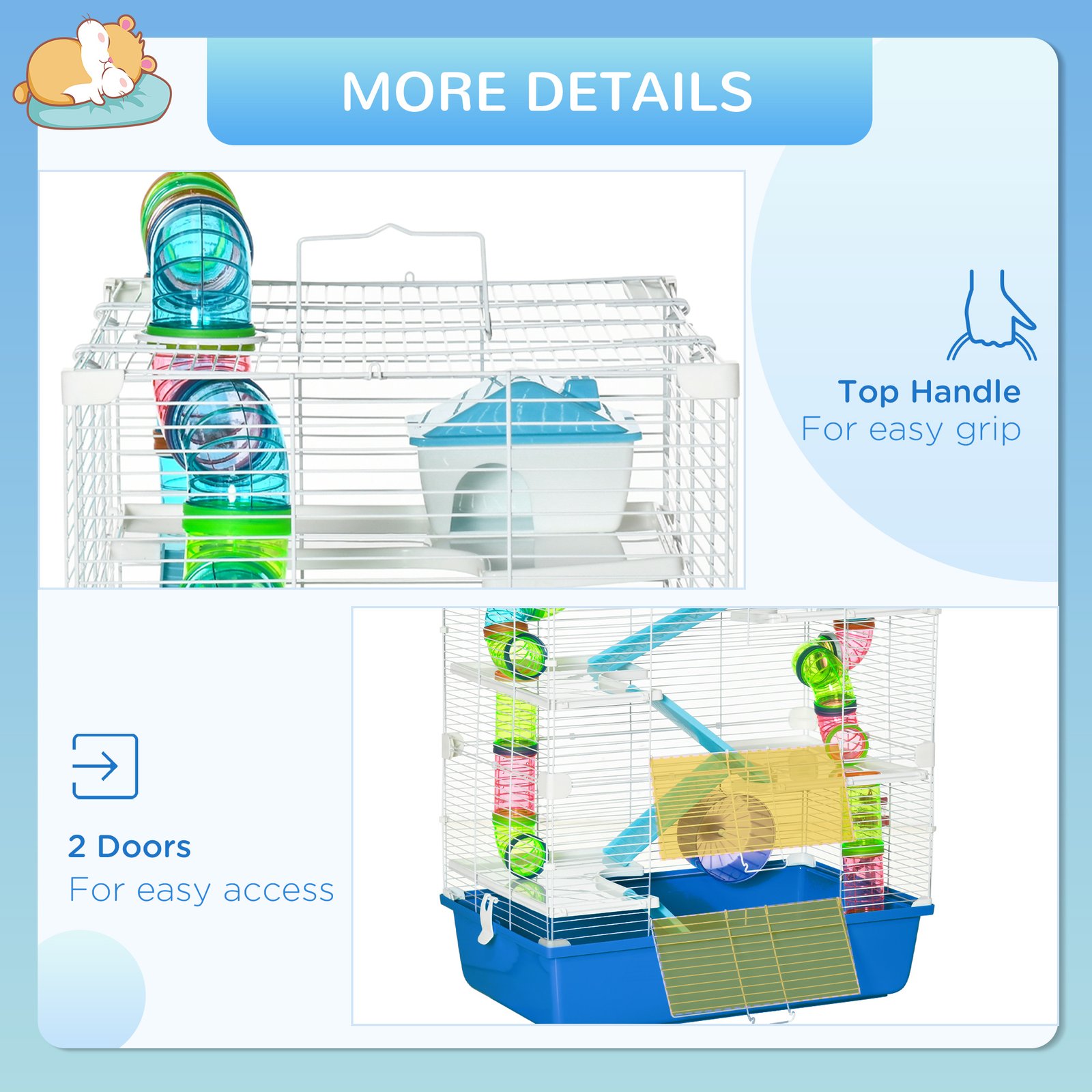 5 Tier Hamster Cage, Gerbil Cage with Exercise Wheel, Feeder Bowl, Tube, Water Bottle, 59L x 36W x 69H cm - Blue - Image 7