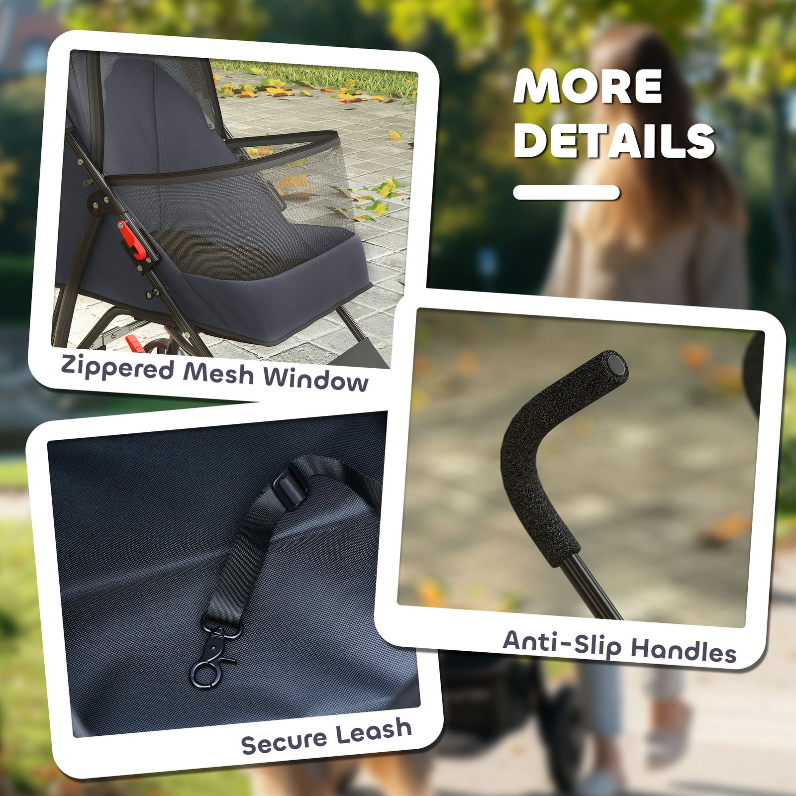 Dog Stroller, Foldable Cat Dog Pram for Miniature Breeds, Pet Stroller with Brake, Mesh Windows, Dark Grey
