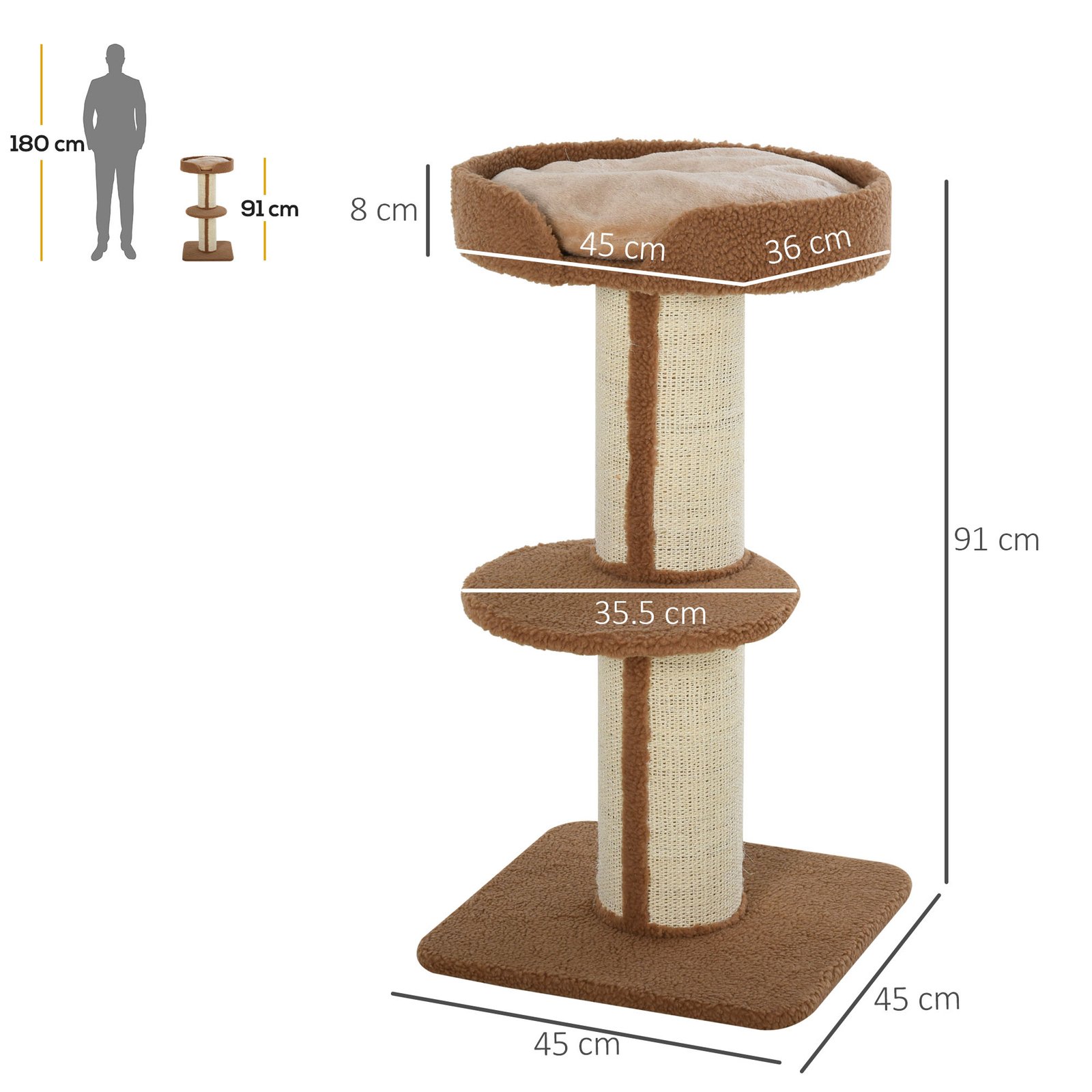 91cm Cat Tree, Cat Tower with Scratching Post, Bed, Perch, Removable Cushion for Indoor Kittens, Brown - Image 3