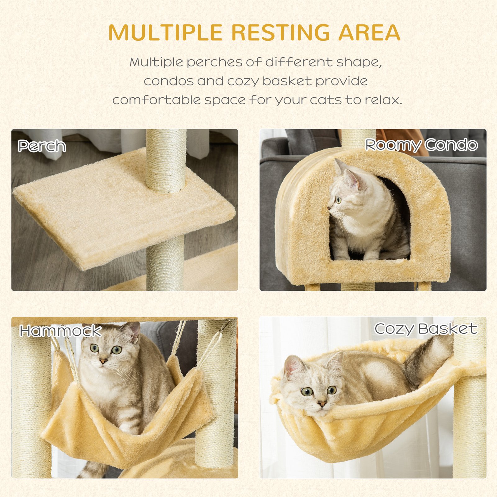 Cat Tree Tower for Indoor Cats Kitten Activity Centre Scratching Post w/ Hammock House Basket Ladder - Beige - Image 5
