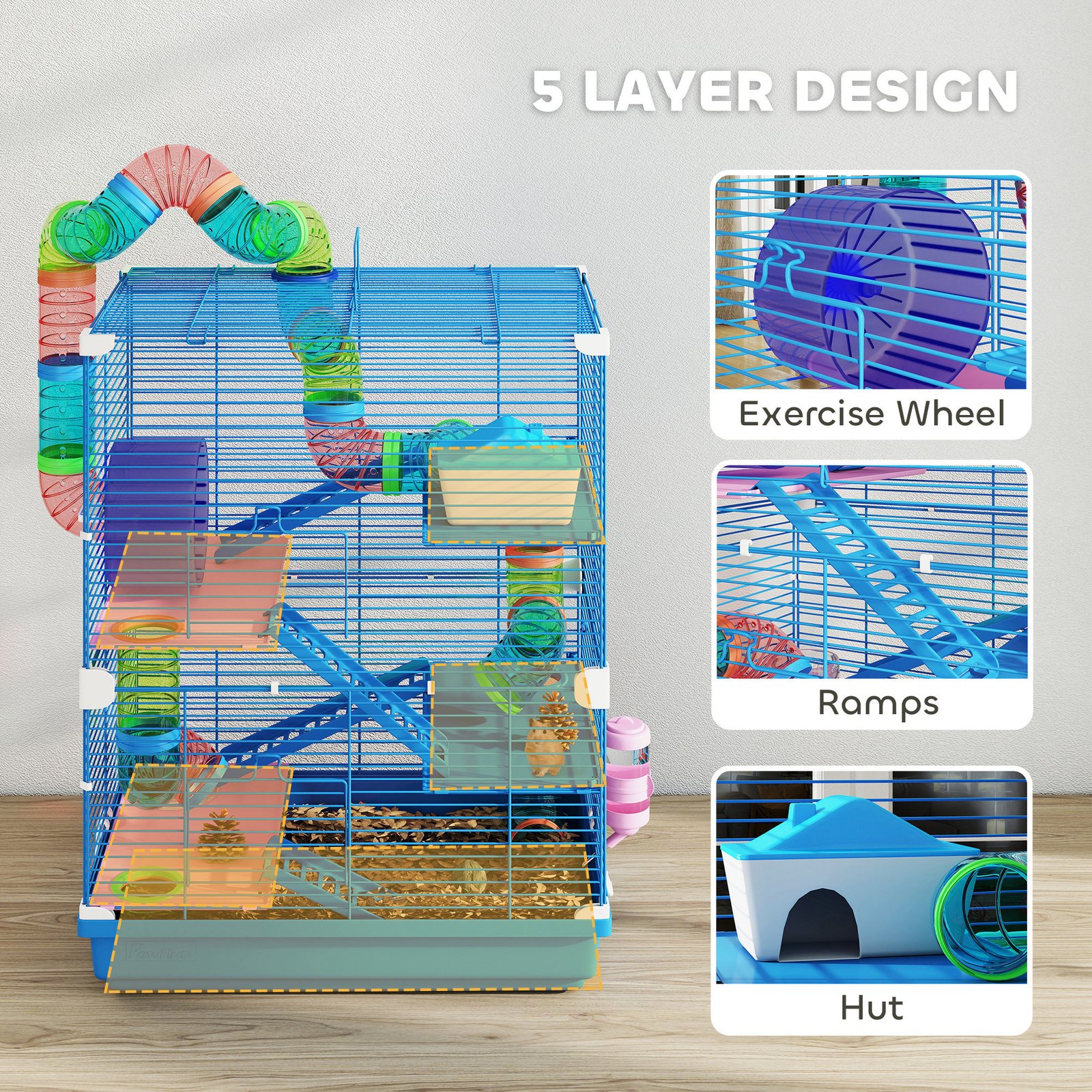 5 Tier Hamster Cage Carrier Habitat w/ Exercise Wheels, Tunnel, Blue - Image 6
