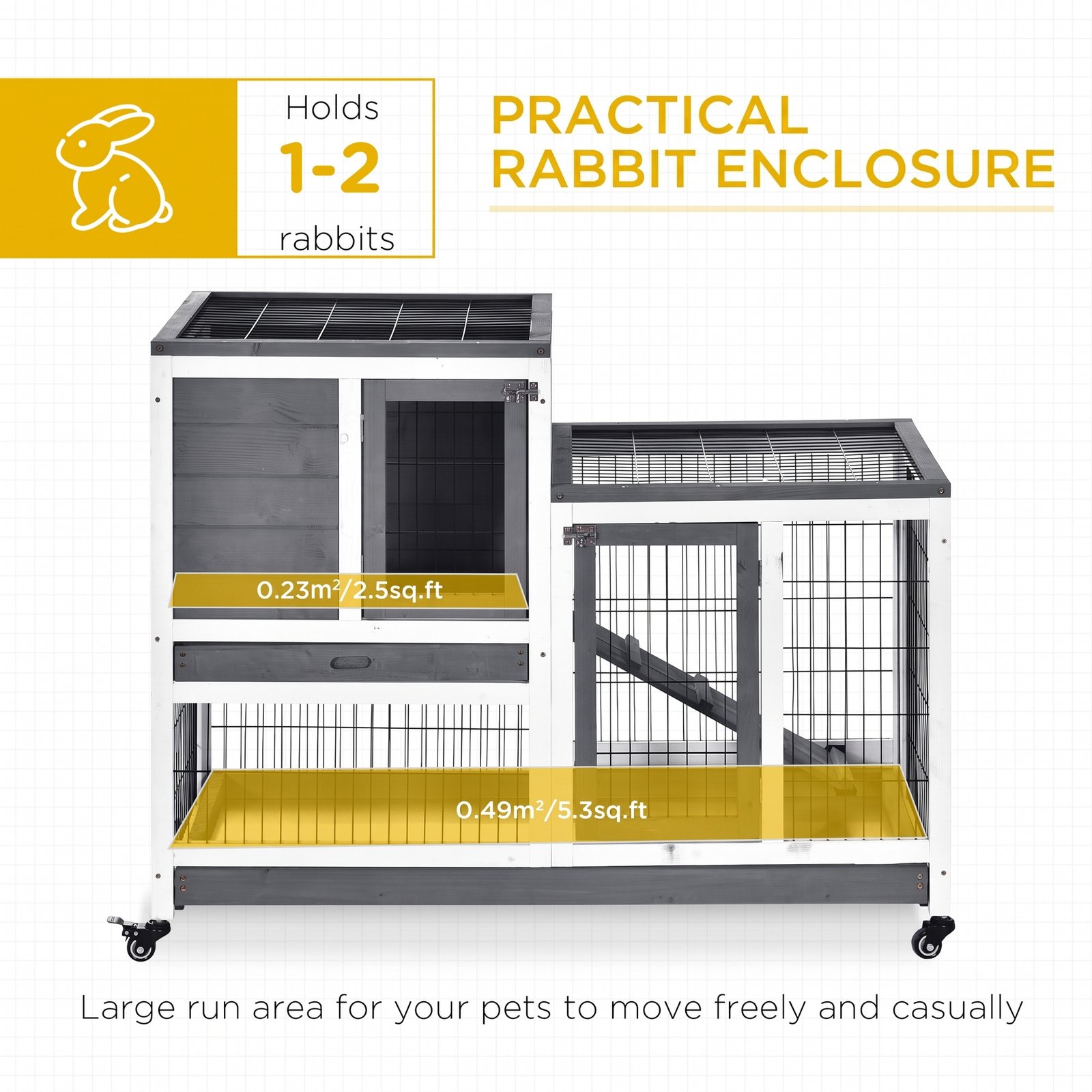 Wooden Indoor Rabbit Hutch Guinea Pig House Bunny Small Animal Cage W/ Wheels Enclosed Run 110 x 50 x 88 cm, Grey
