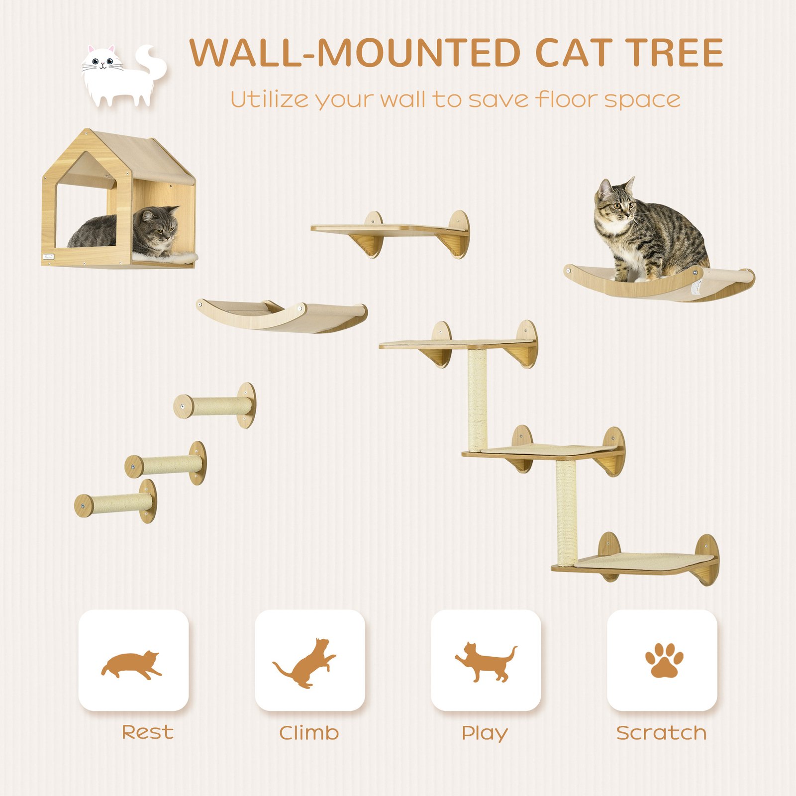 8 Piece Cat Shelves Set, with Cat House, Three Perches, Three Scratching Posts - Image 4