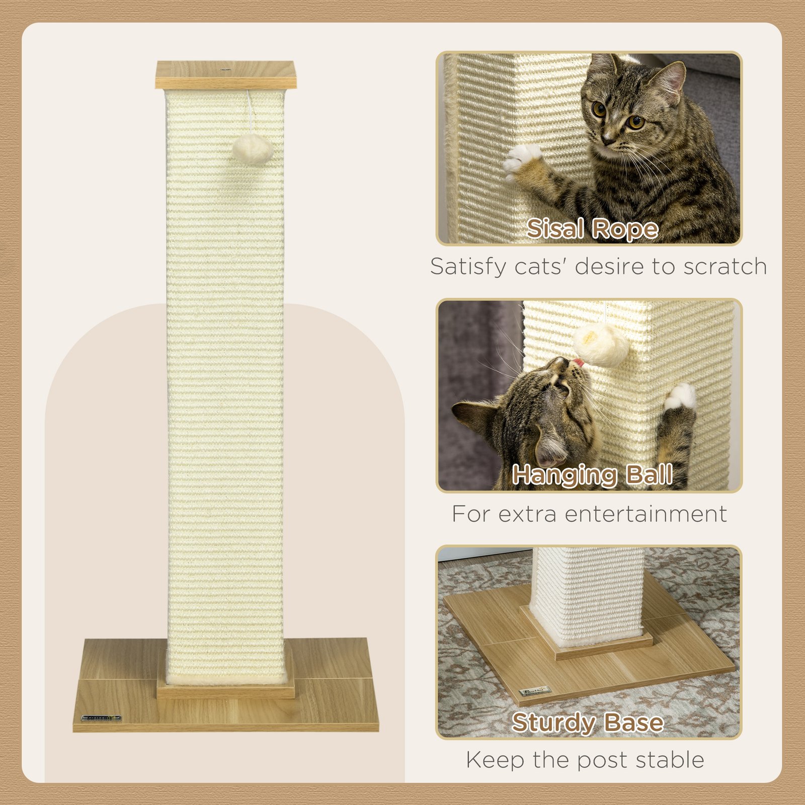 80cm Scratching Post, with Toy Ball, Sisal Rope - White - Image 5