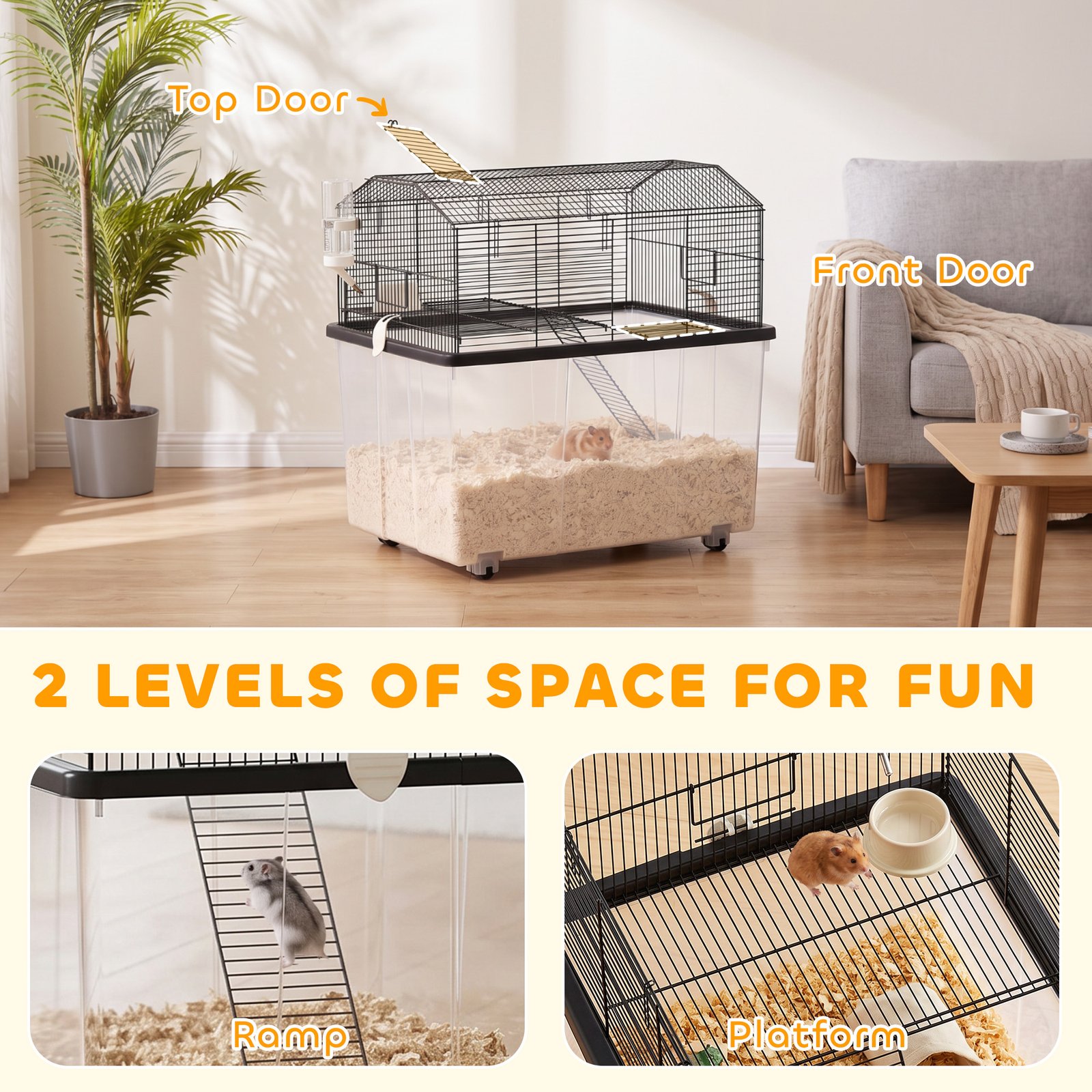 Two-Tier Gerbil Cage, Hamster Cage for Dwarf Hamster w/ Wheels, Deep Bottom, Food Dish, Water Bottle
