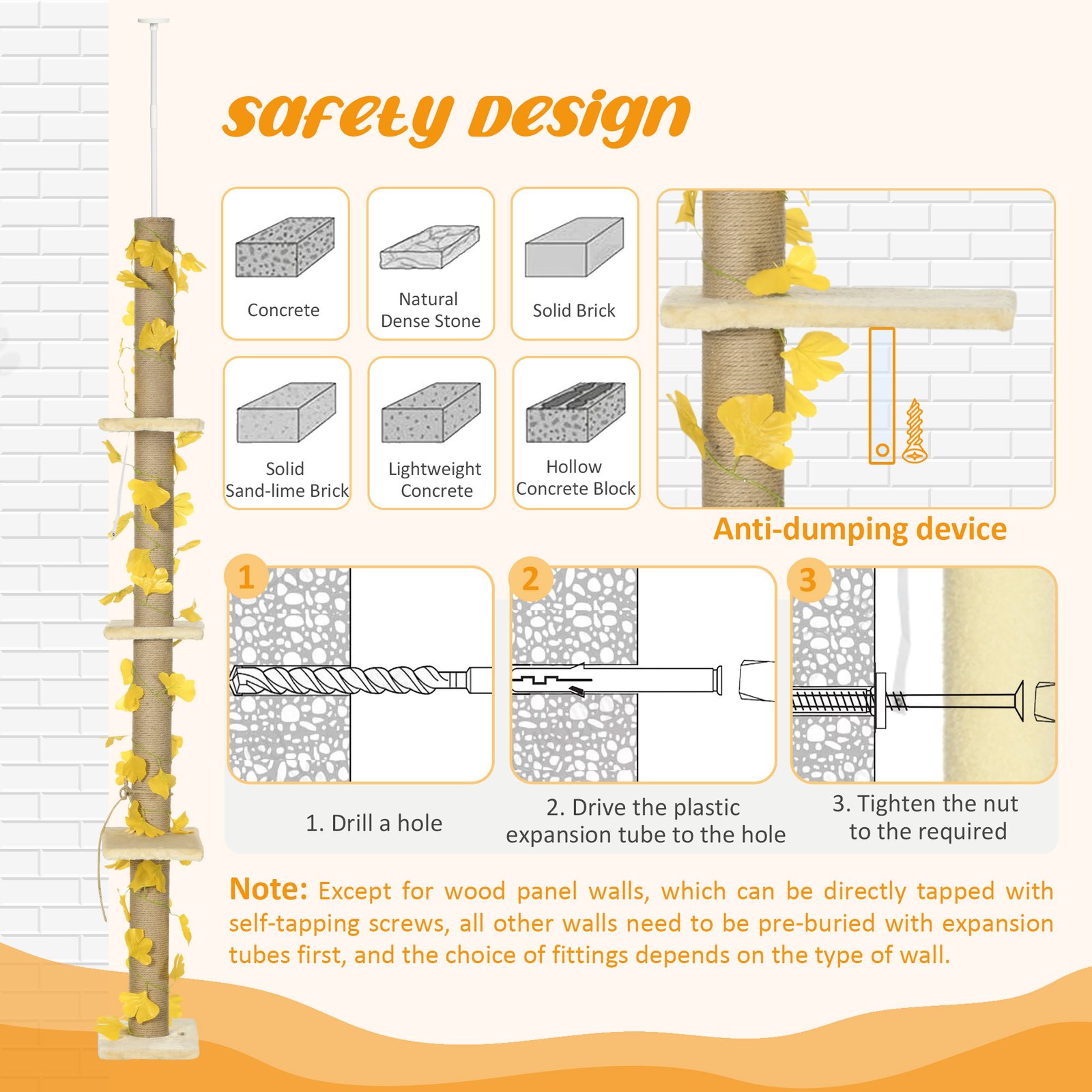 242cm Adjustable Floor-To-Ceiling Cat Tree, with Artificial Decoration, Perches, Anti-Slip Kit - Yellow - Image 6