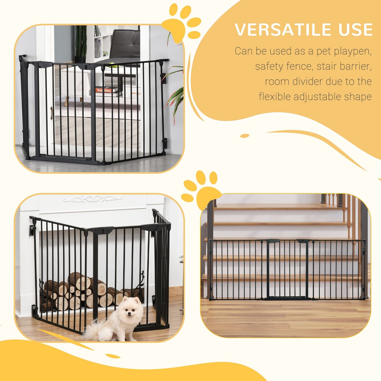 Pet Safety Gate, 3 Panels Playpen Fireplace, Foldable Metal Fence, Stair Barrier, Room Divider, Fire Guard w/ Automatic Closing Door, Black