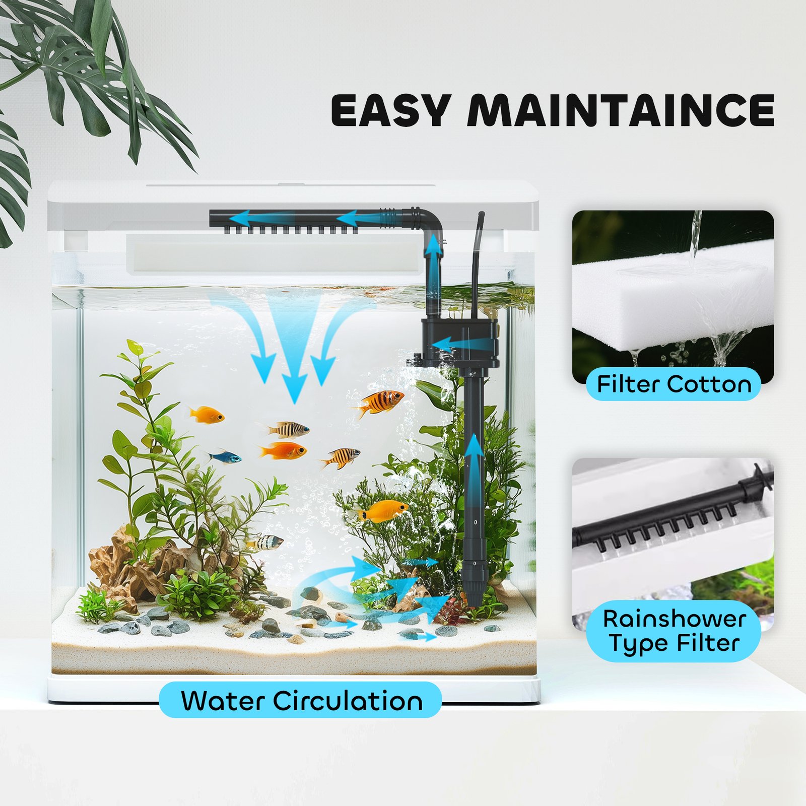 13L Glass Aquarium Fish Tank with Filter, LED Lighting, for Betta, Guppy, Mini Parrot Fish, Shrimp, 29 x 20 x 30.5cm