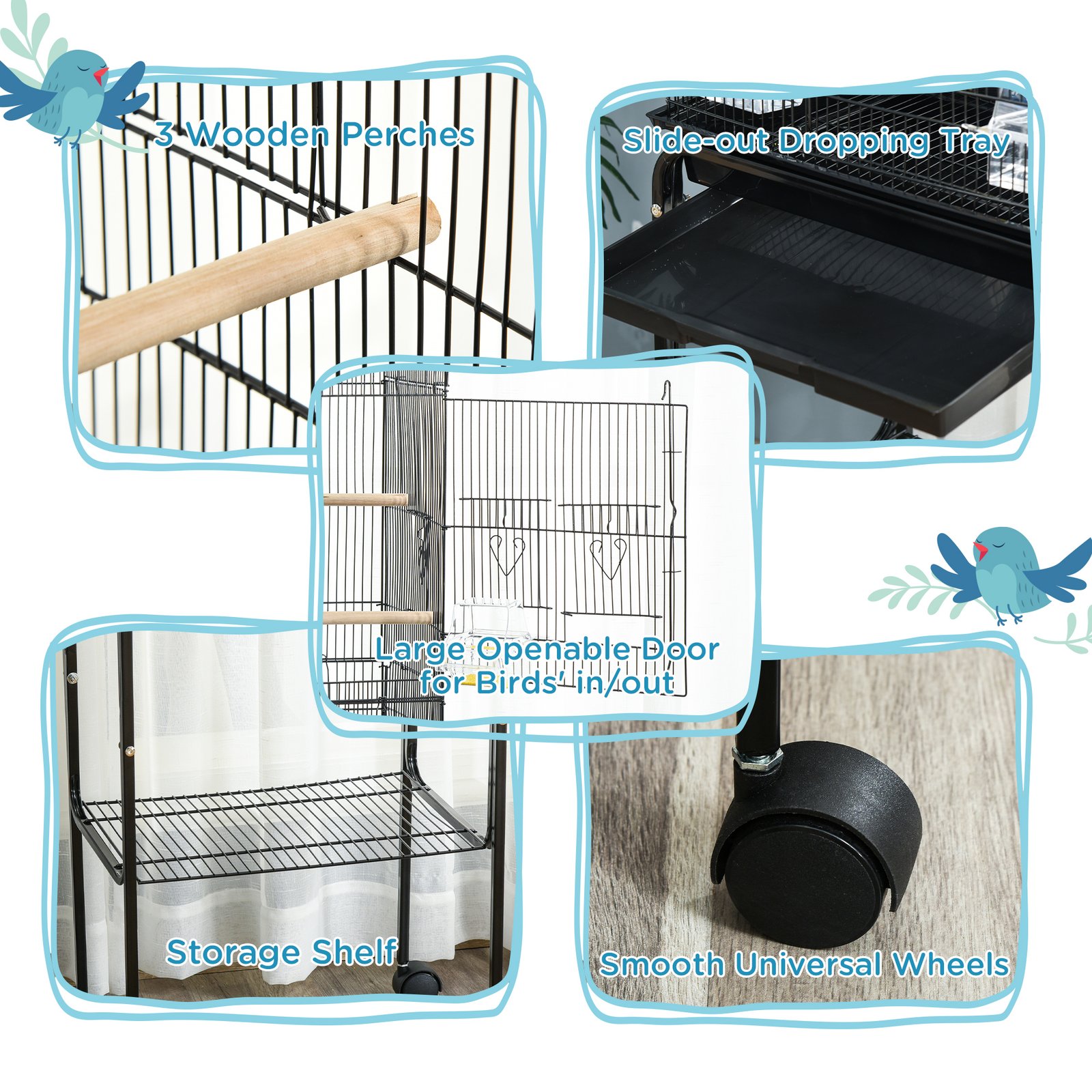 Bird Cage Budgie Cages for Finch Canary Parakeet with Stand Wheels Slide-out Tray Accessories Storage Shelf, Black