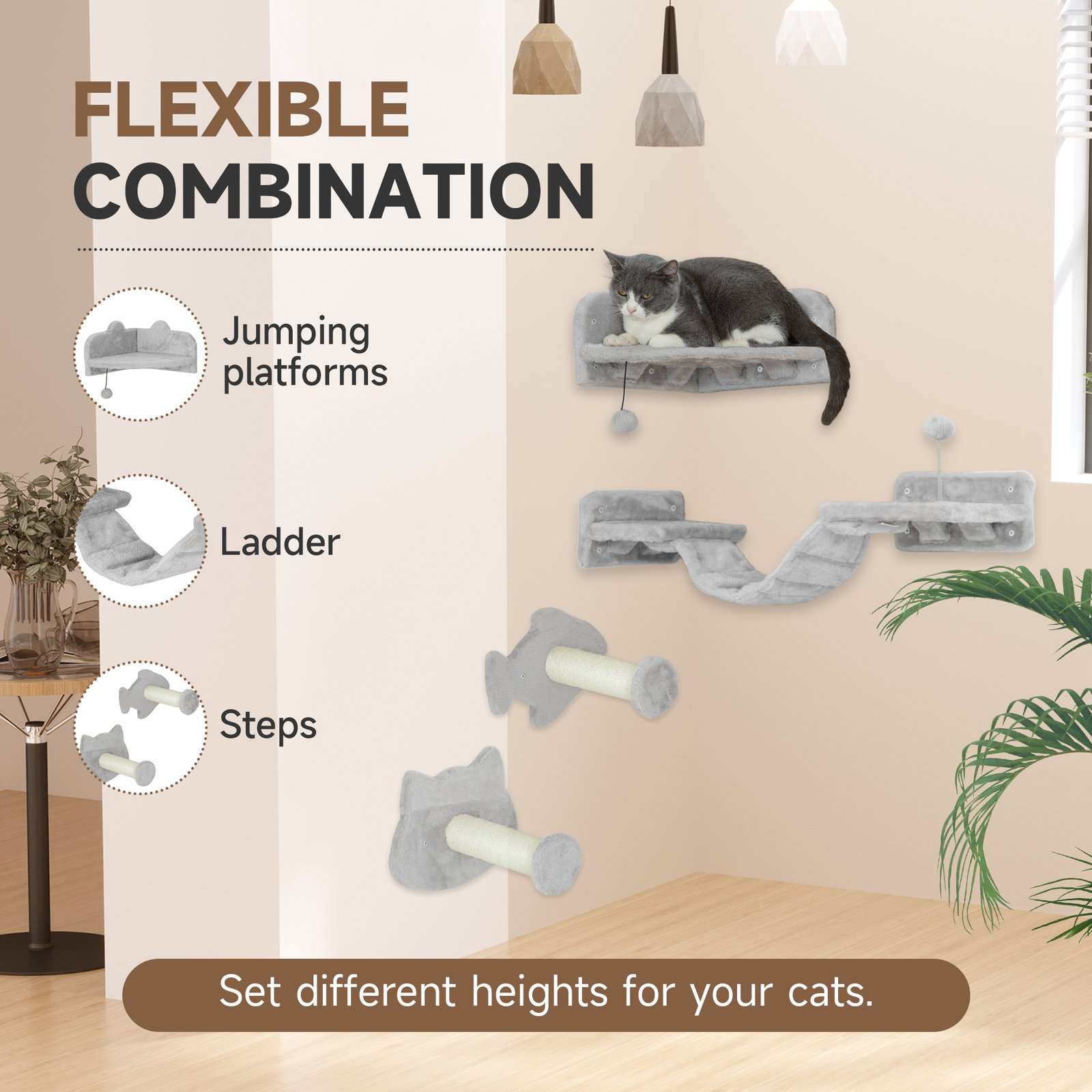 4-Piece Cat Wall Shelves with Steps, Ladder, Jumping Platforms, Light Grey - Image 5