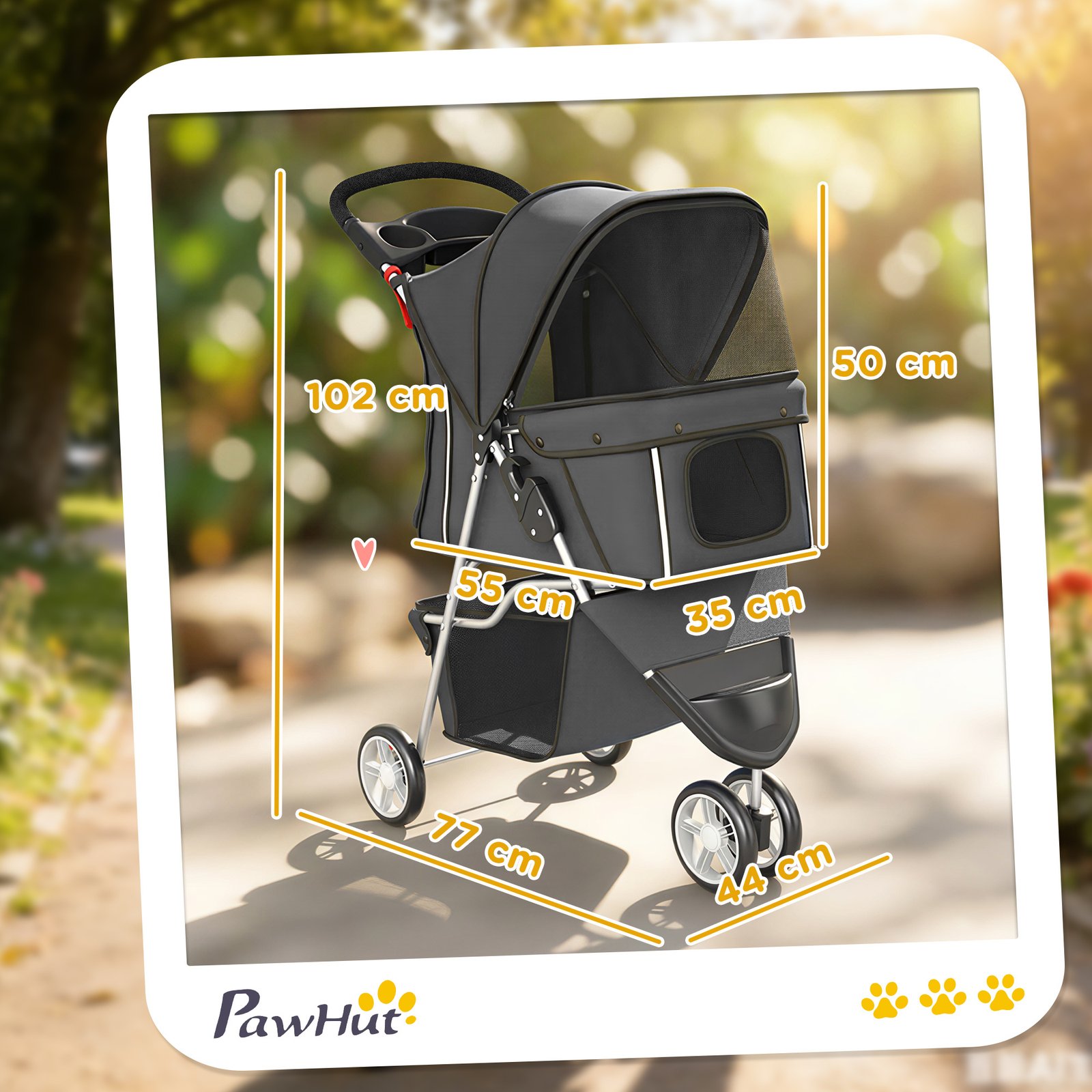 Dog Stroller, 3 Wheels Foldable Pet Stroller with Adjustable Canopy, Storage Basket for Small Mini Breeds, Dark Grey