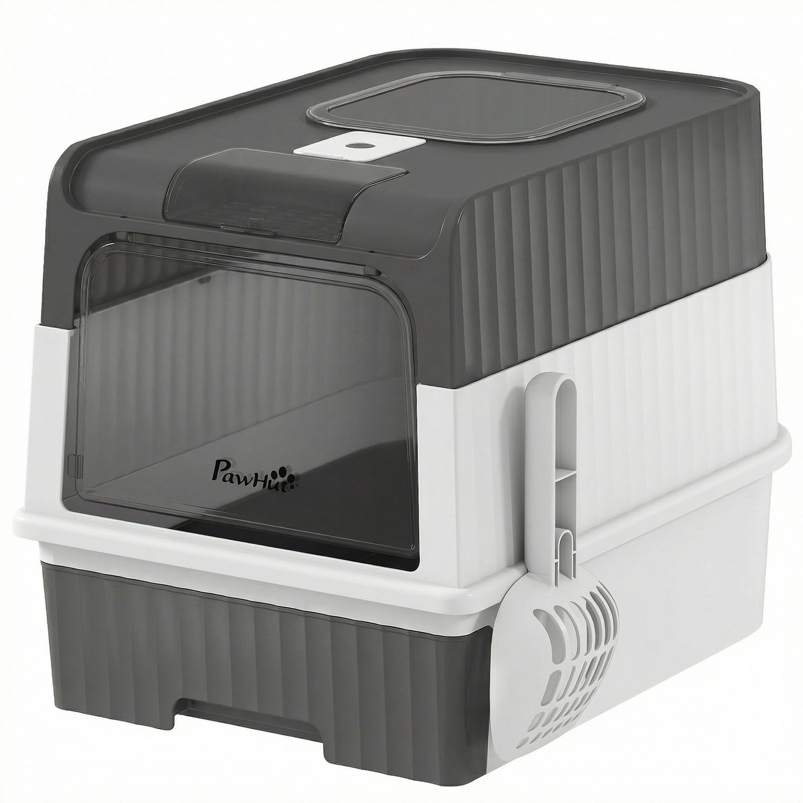 Enclosed Cat Litter Box with Lid, Pull-Out Drawer Tray, Scoop, 4 Deodorisation Bags, Front Entry & Top Exit, Grey