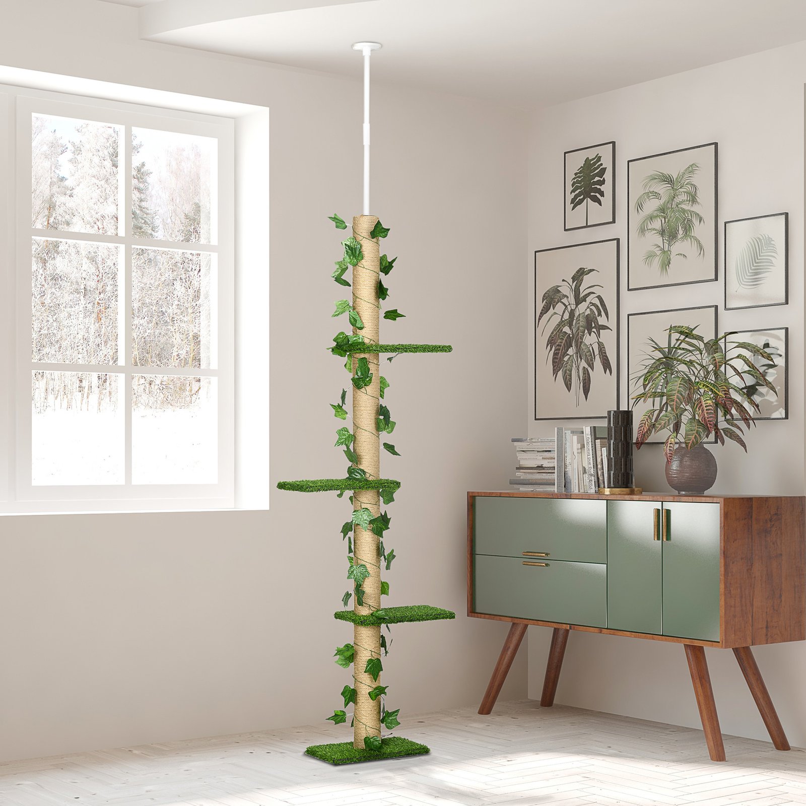 242cm Adjustable Floor-To-Ceiling Cat Tree, with Artificial Decoration, Perches, Anti-Slip Kit - Green - Image 9