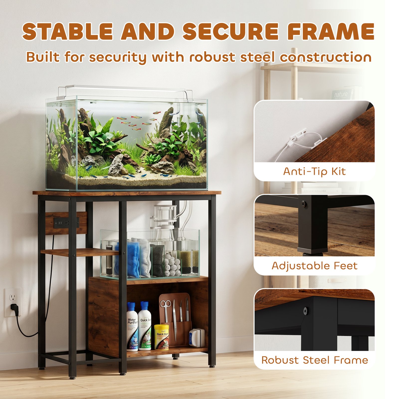 Fish Tank Stand with Power Outlets Aquarium Stand with Cabinet 20-29 Gallon Tanks Tiger Wood Grain