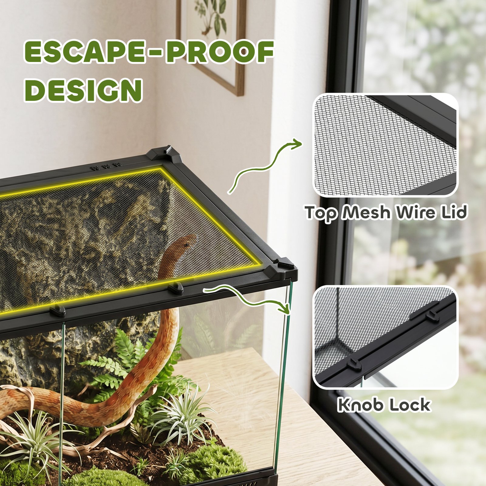 Reptile Glass Terrarium with Stone Background, Front Ventilation, Escape-Proof Knob Lock, 50 x 30 x 35 cm, Black - Image 6