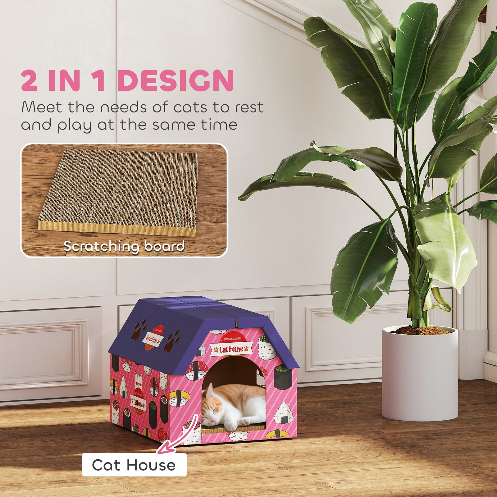 Cat Scratching Board, 2-in-1 Cardboard Cat House and Hideaway for Indoor Cats, Pink