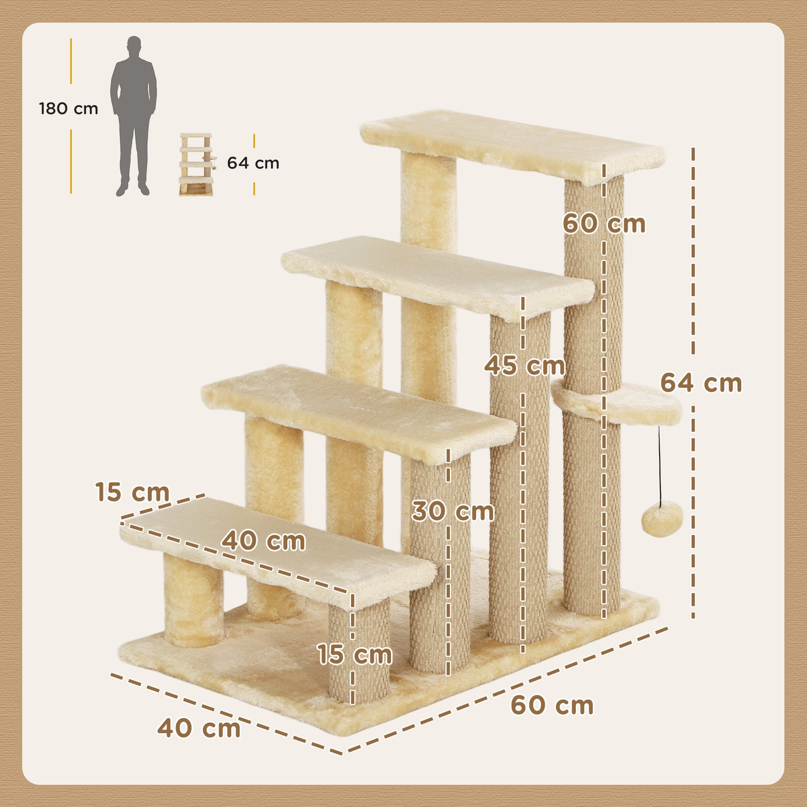 4-step Pet Stairs with Scratching Posts, Platforms, Toy Ball, Beige - Image 3