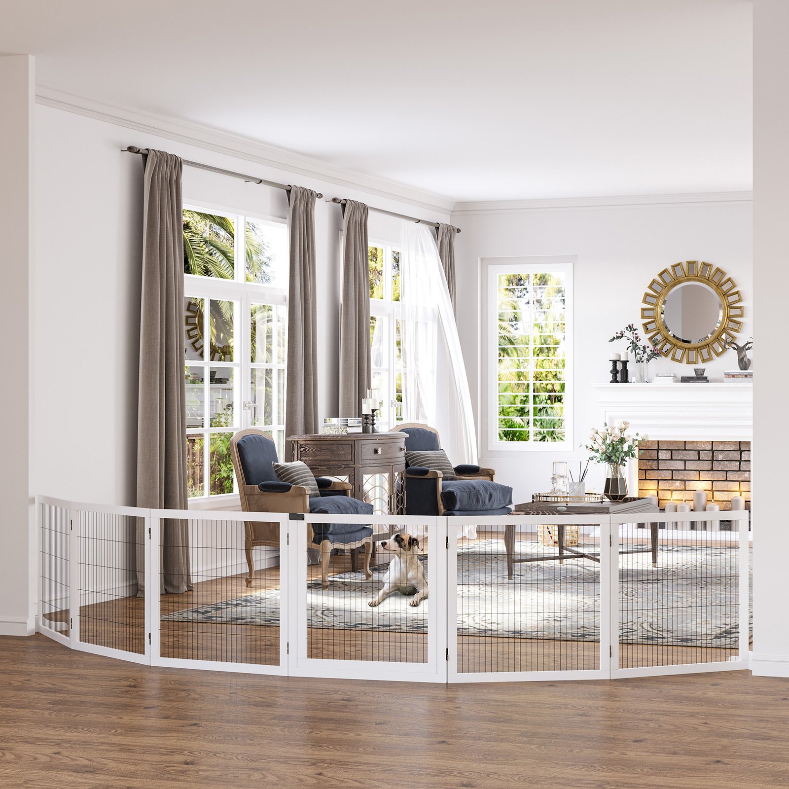 Wooden Pet Gate, Freestanding Dog Safety Barrier with 2 Support Feet, White