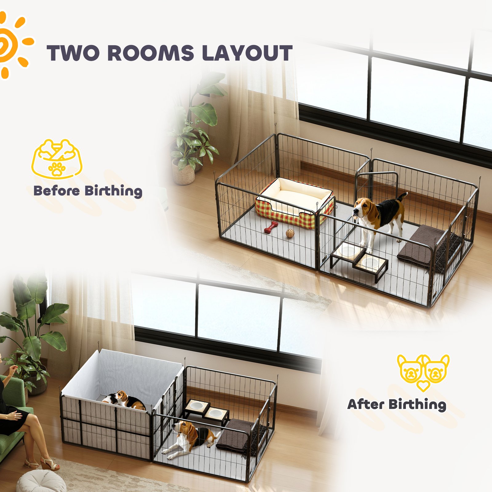 Seven-Panel Dog Whelping Box, Dog Playpen with Washable Whelping Pads, Wind-Resistant Fabric, for Small and Medium Dogs