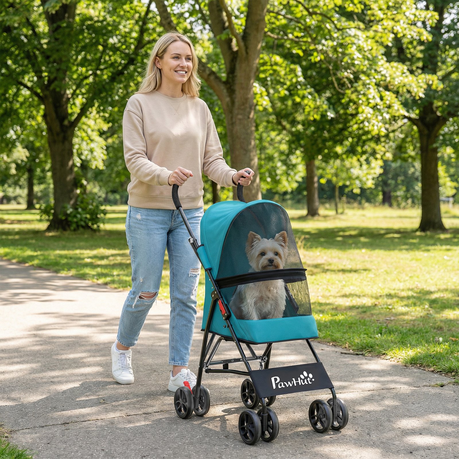 Dog Stroller, Foldable Cat Dog Pram for Miniature Breeds, Pet Stroller with Brake, Mesh Windows, Dark Green