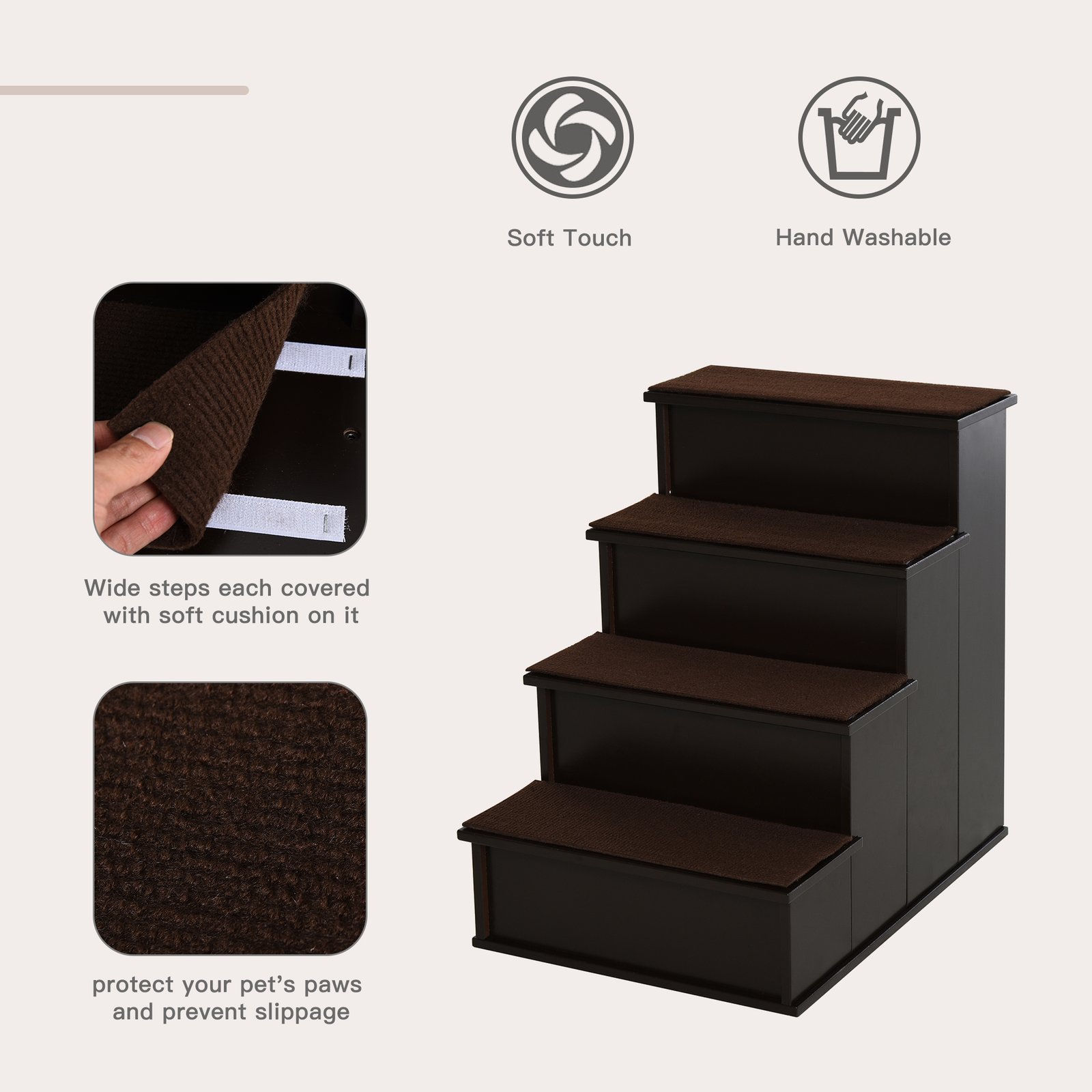 4 Step Dog Steps for Bed, Wooden Dog Steps for Sofa, Pet Stairs for Bed Couch with Non-Slip Carpet for Cats and Puppies, 40 x 59 x 54.2 cm, Dark brown