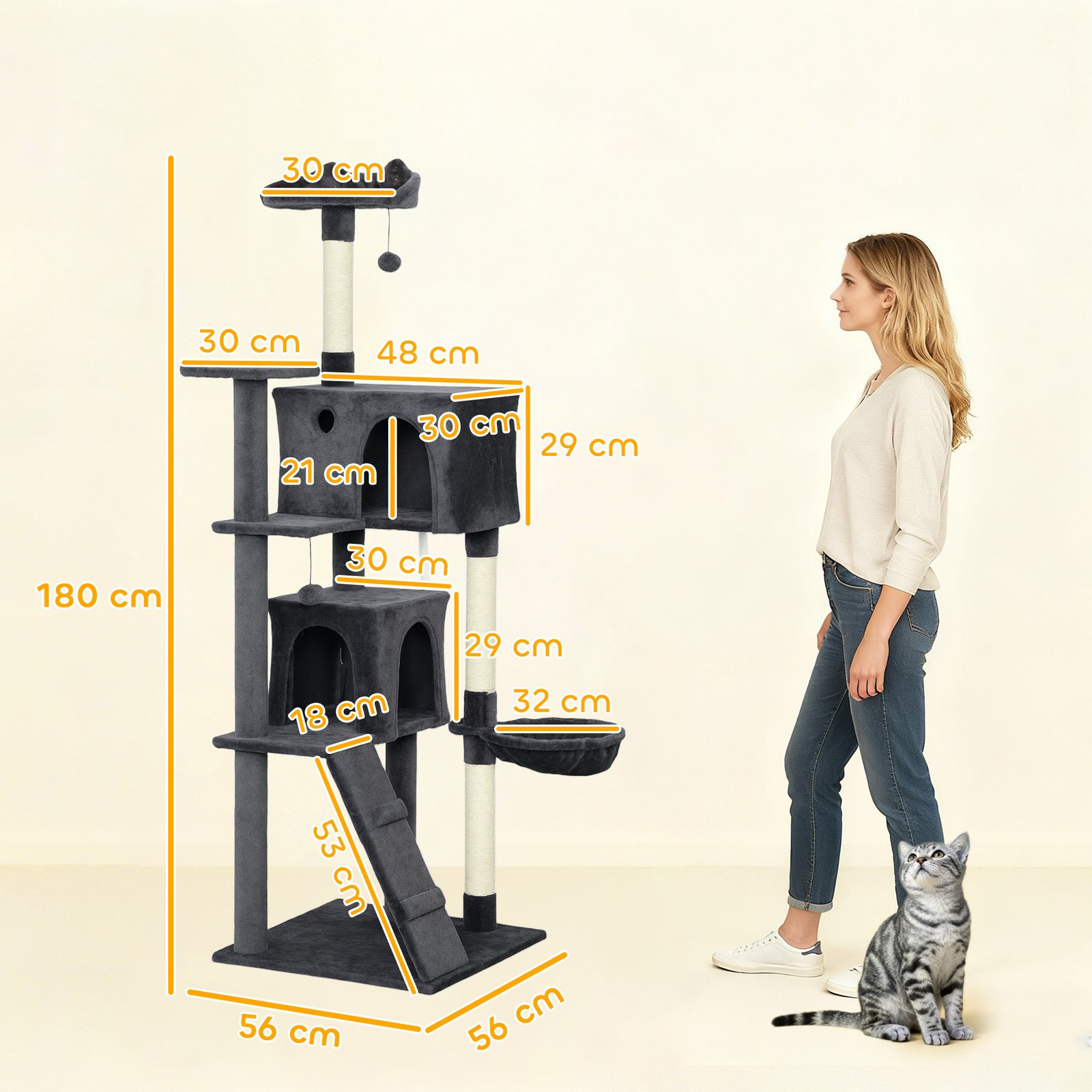180cm Large Cat Tree Tower with Sisal Scratching Posts, Condos, Plush Perches, Hammock, Ladder, Dark Grey