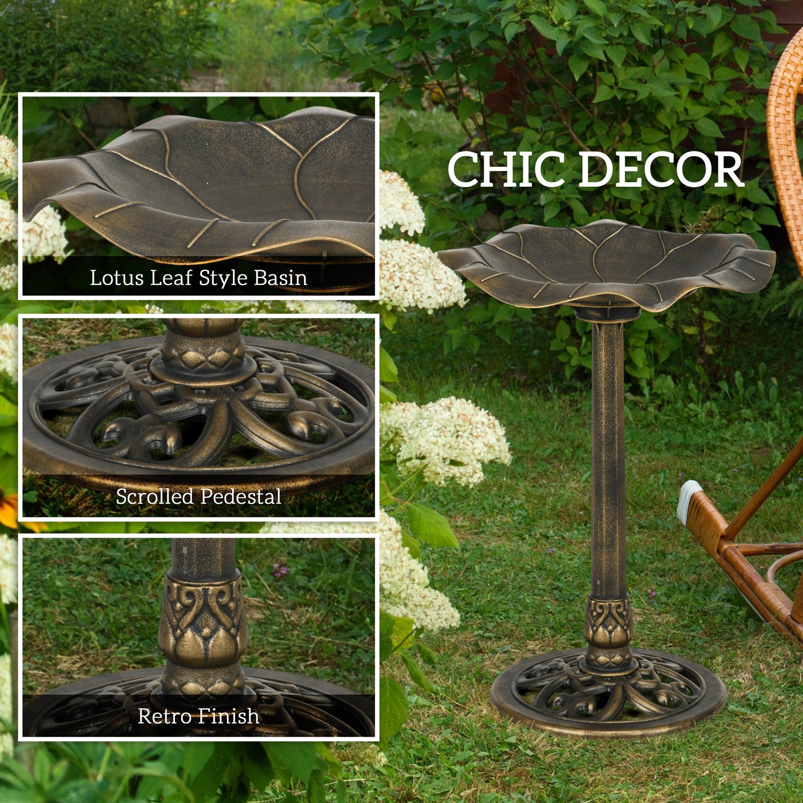 71cm Bird Bath for Garden, Standing Pedestal Birdbath with Lotus Leaf Basin, Vintage Decorative Bird Bath Bowl for Outdoor, Bronze Tone