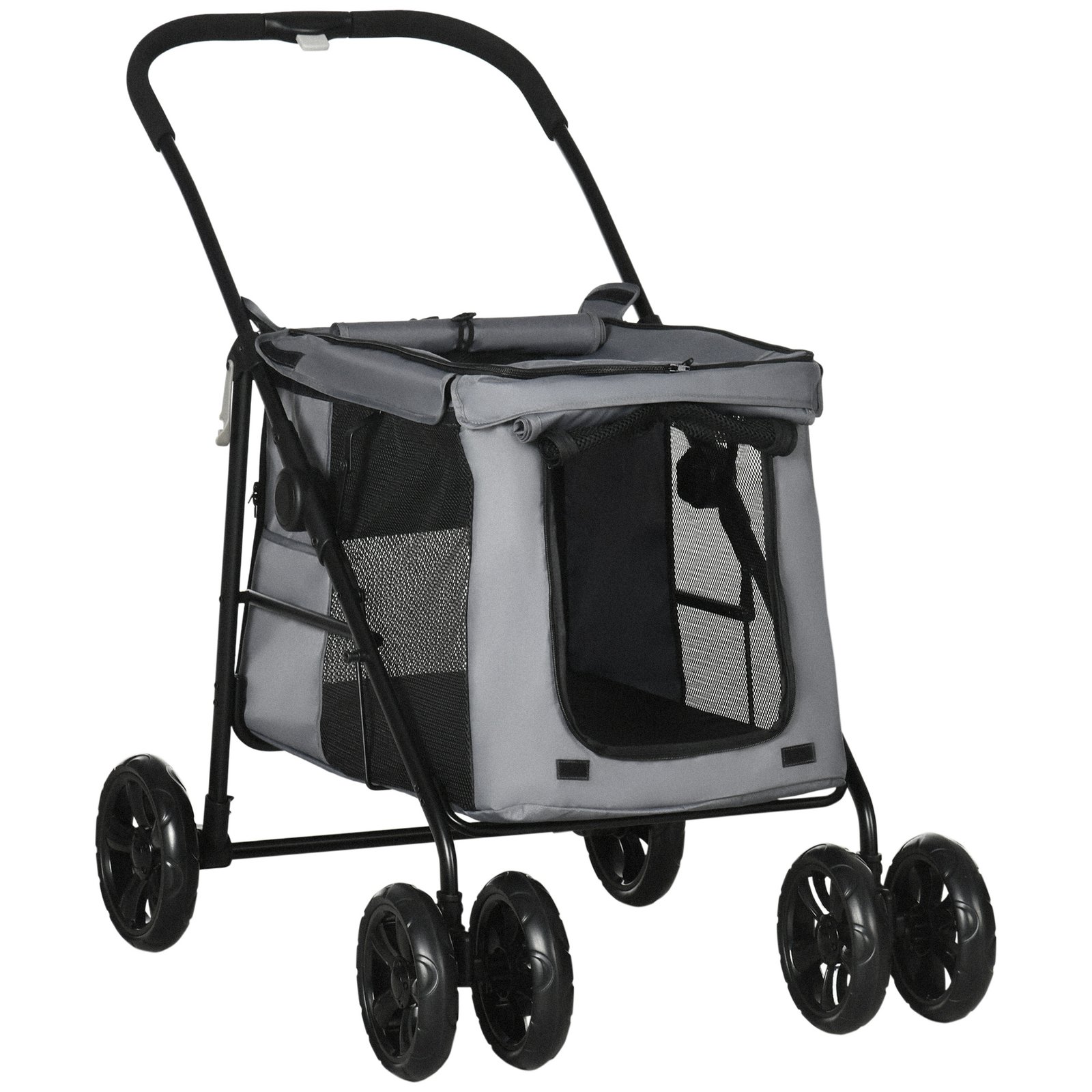 Dog Pram Dog Stroller 4 Wheels Pet Pushchair with Rolling Door, Cushion, Safety Leashes, for Small and Medium Breeds, Grey