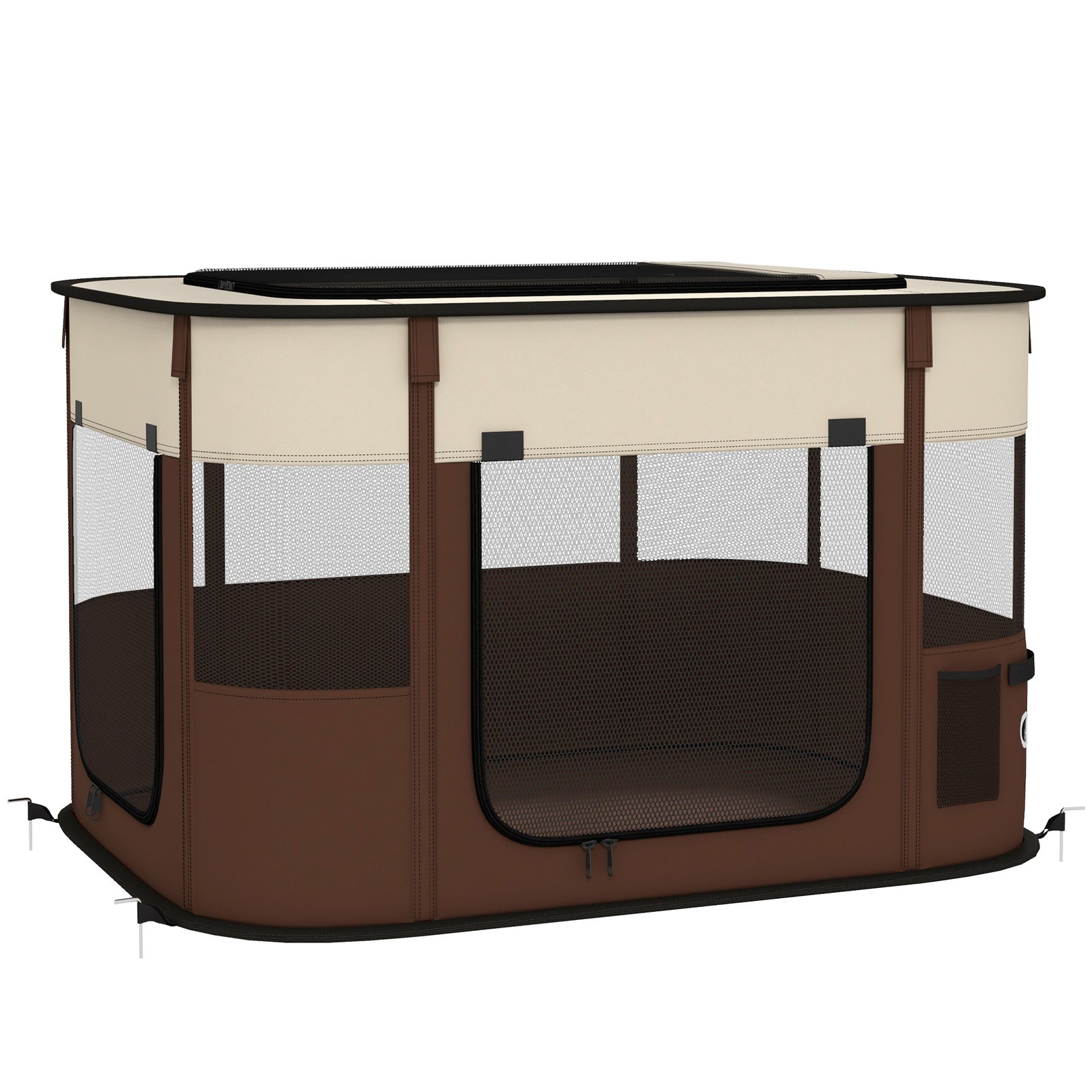 Foldable Dog Pen with Storage Bag for Indoor/Outdoor Use, Portable Pet playpen, with Ground Stakes - Brown