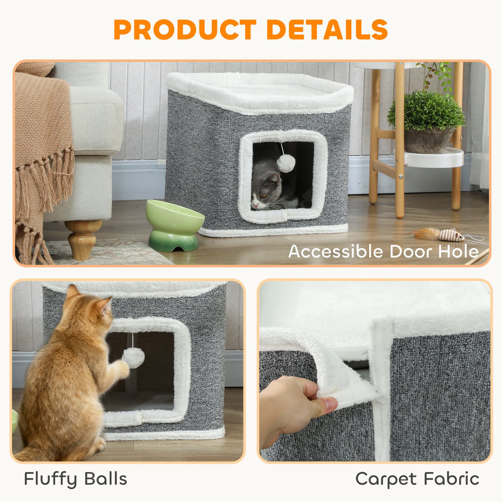 Cat House for Indoor Kittens, 2-Level Cat Cave Bed with Fluffy Balls, Top Bed, Kitten Barrel for Multi Kitties, Grey - Image 5