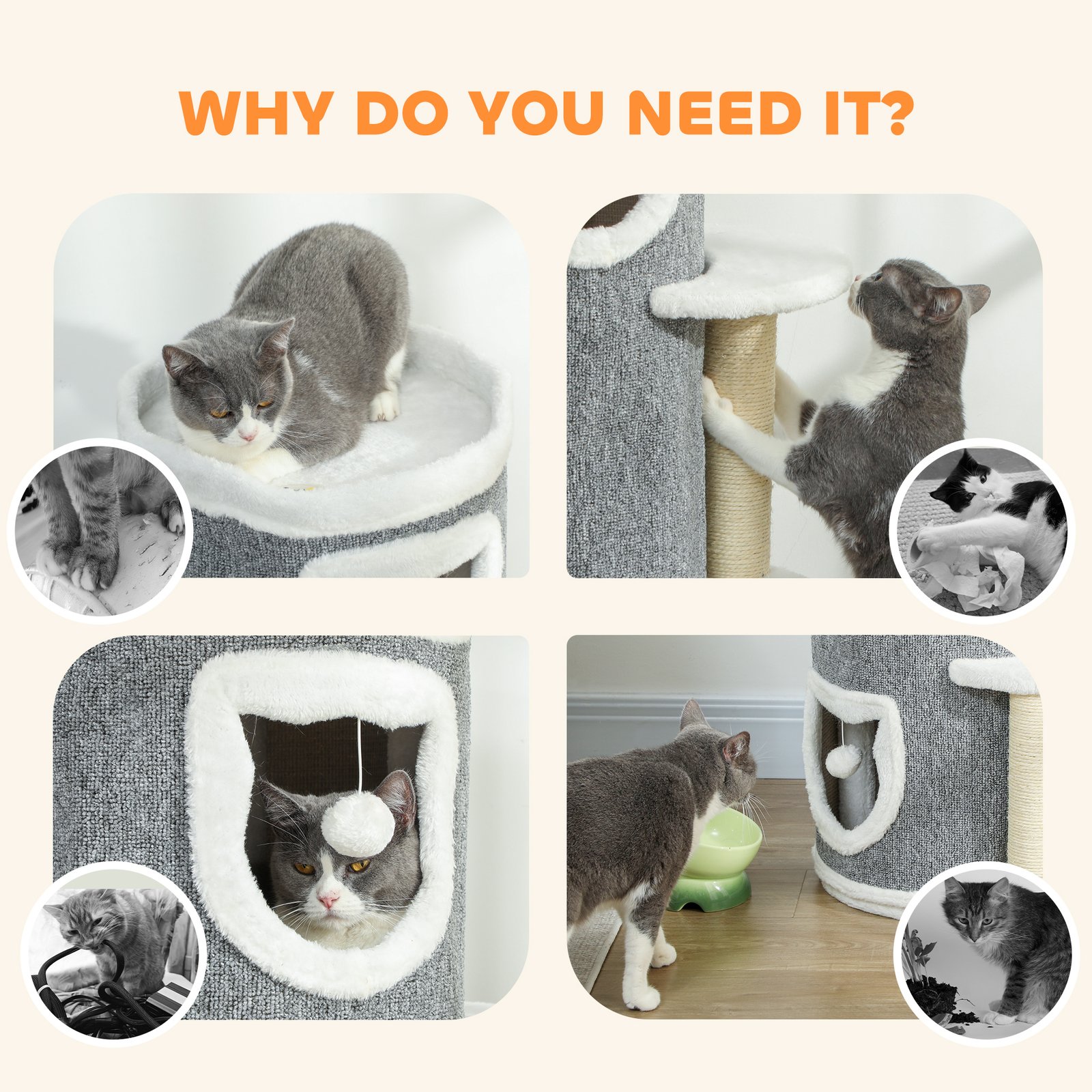 101 cm Cat Tree with Sisal Scratching Posts, 3 Barrel Condos, 3 Platforms, for Indoor Cats to Rest and Play