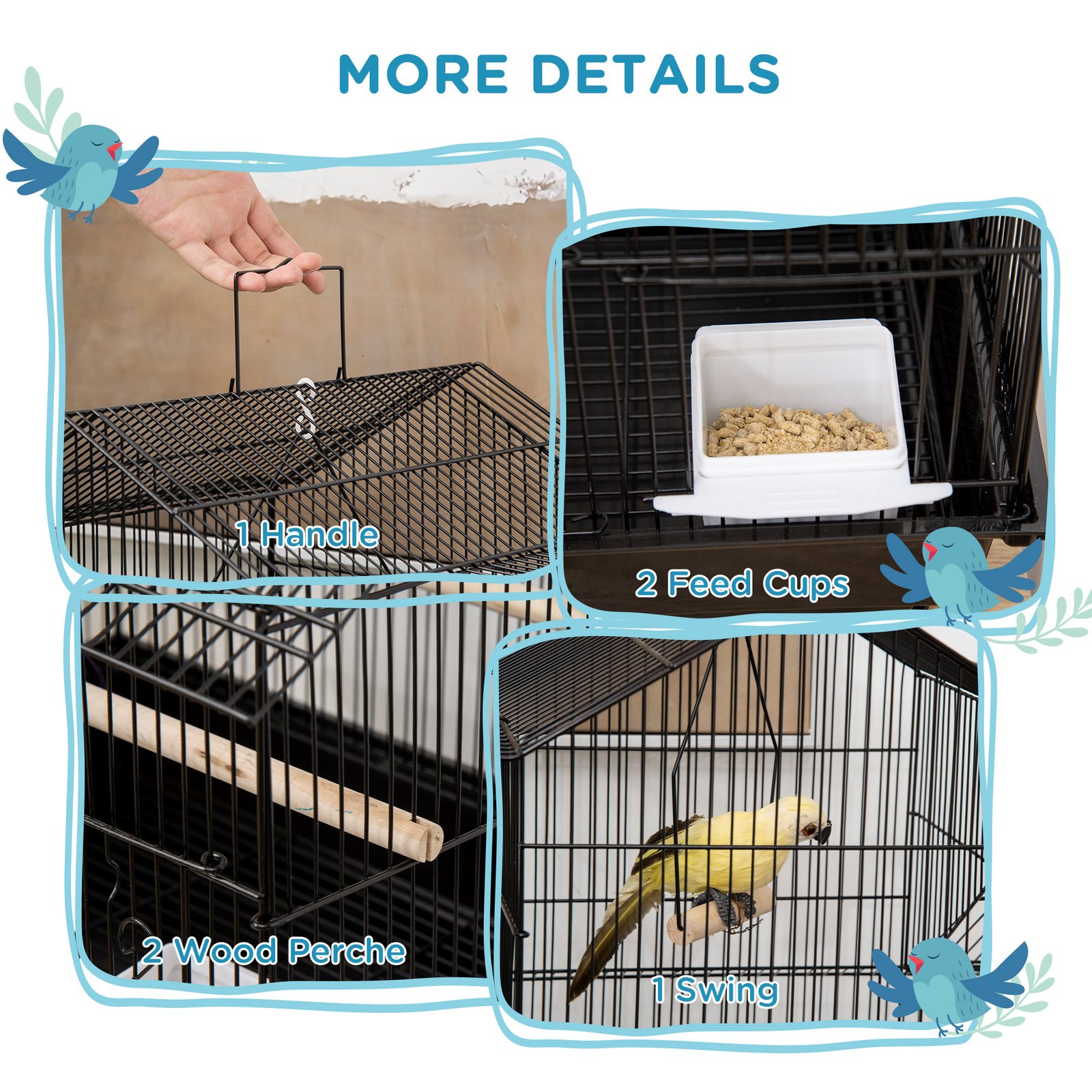 Metal Bird Cage with Plastic Swing Perch Food Container Tray Handle for Finch Canary Budgie 43.5 x 33 x 63 cm, Black - Image 4
