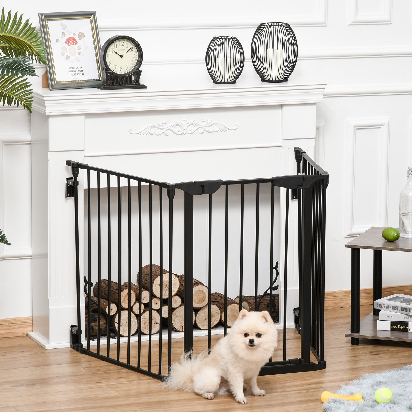 Pet Safety Gate, 3 Panels Playpen Fireplace, Foldable Metal Fence, Stair Barrier, Room Divider, Fire Guard w/ Automatic Closing Door, Black