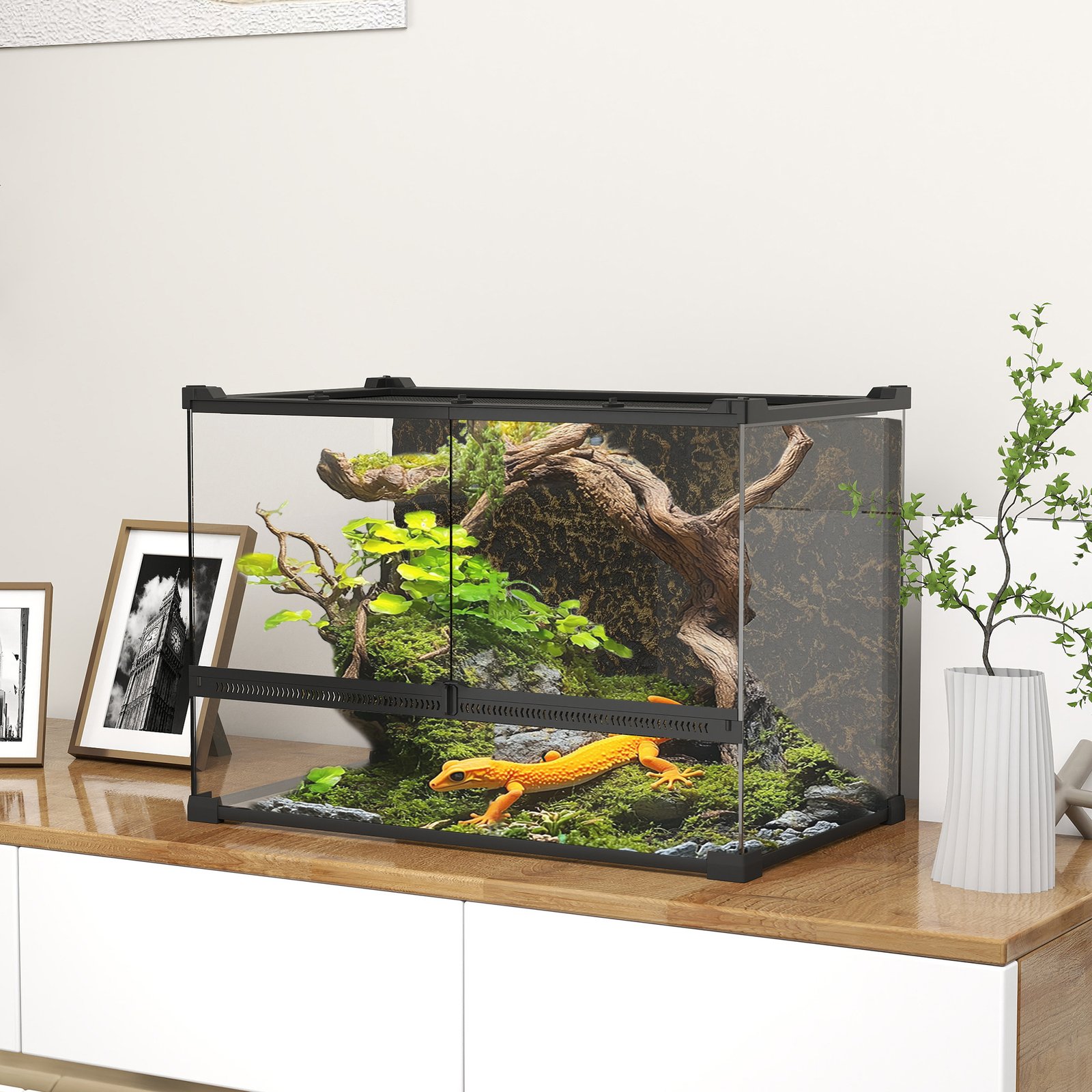 Reptile Glass Terrarium with Stone Background, Front Ventilation, Escape-Proof Knob Lock, 50 x 30 x 35 cm, Black - Image 9