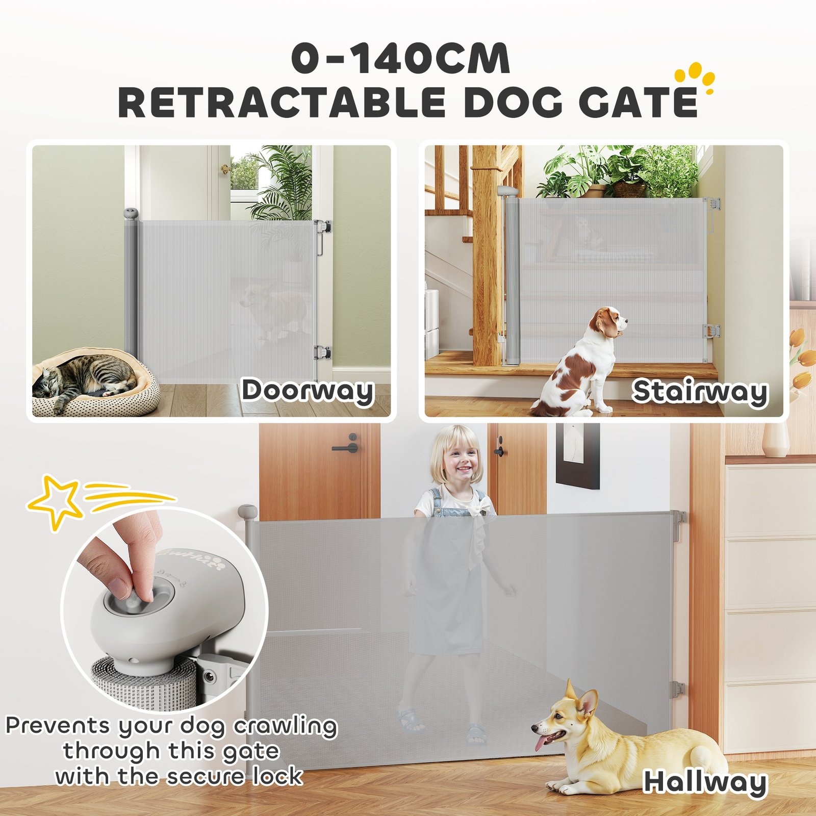 Retractable Stair Gate Extends Up to 140 cm Wide, Dog Gate for Doorways, Stairways, Hallways, Grey