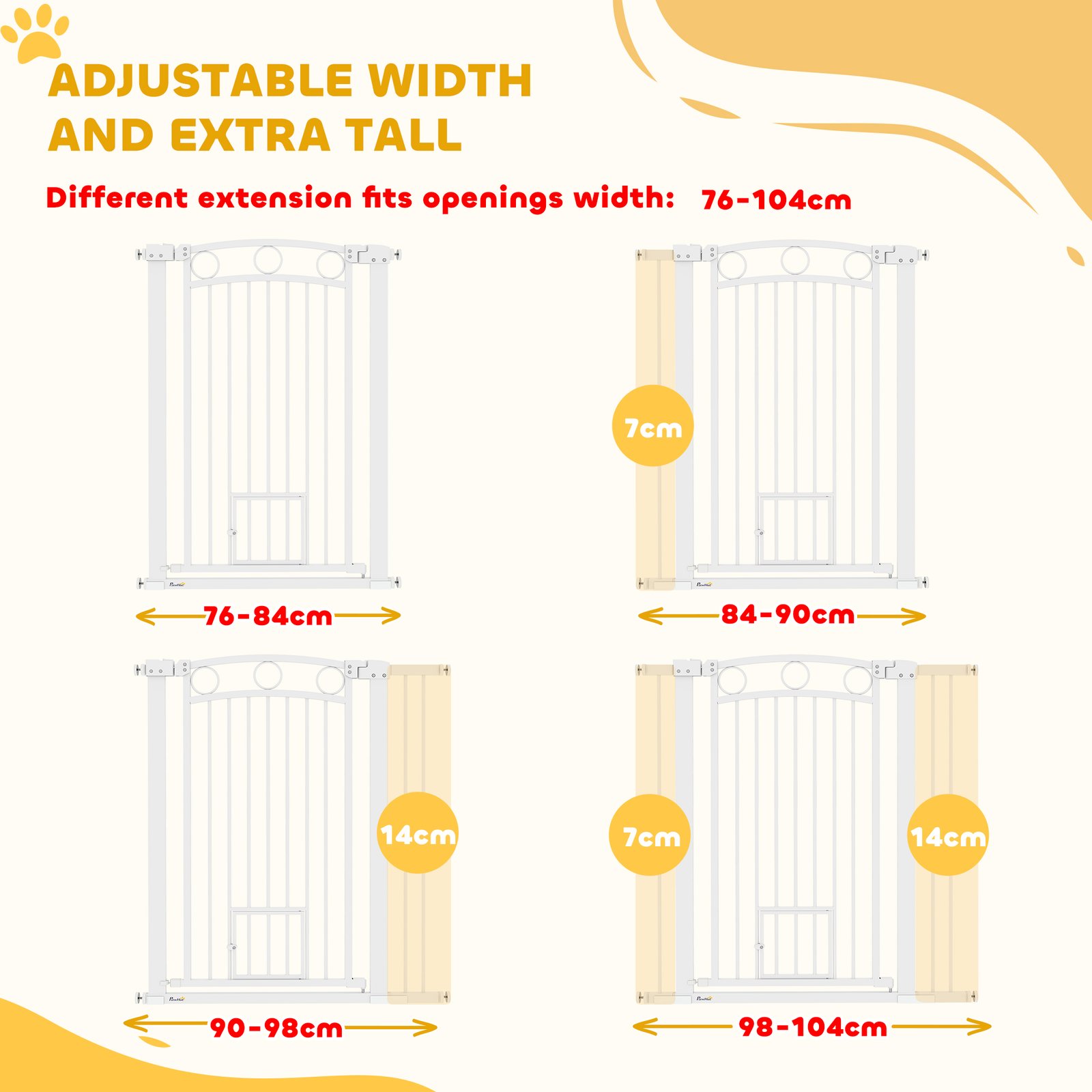 106cm Tall Dog Gate with Cat Door, 7cm and 14cm Extensions, for Stairs, Doorways, 76-104cm Width