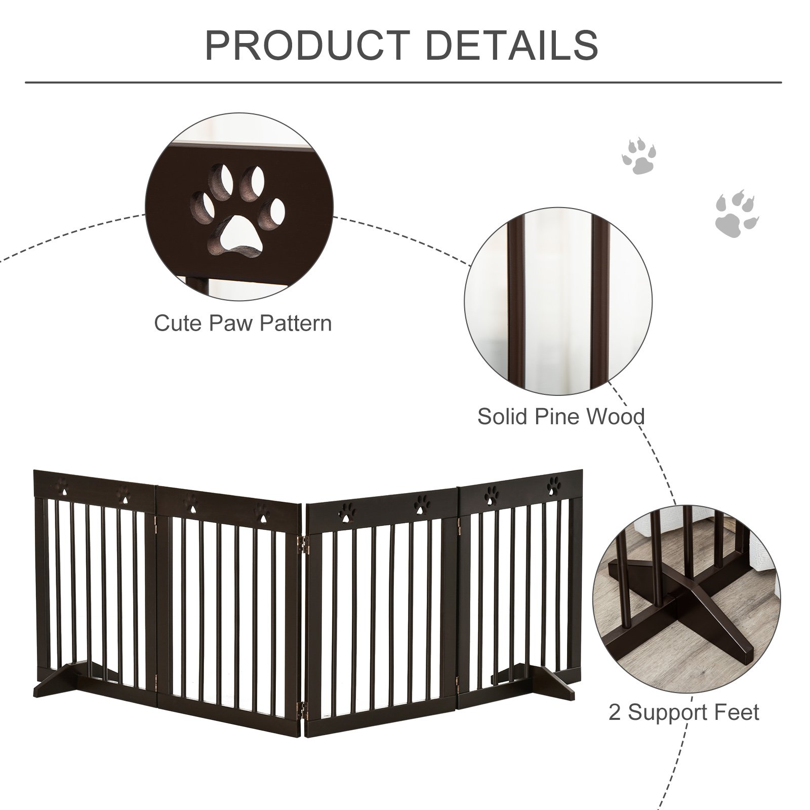 Freestanding Pet Gate 4 Panel Wooden Dog Barrier Folding Safety Fence with Support Feet up to 204cm Long 61cm Tall for Doorway Stairs Brown - Image 5
