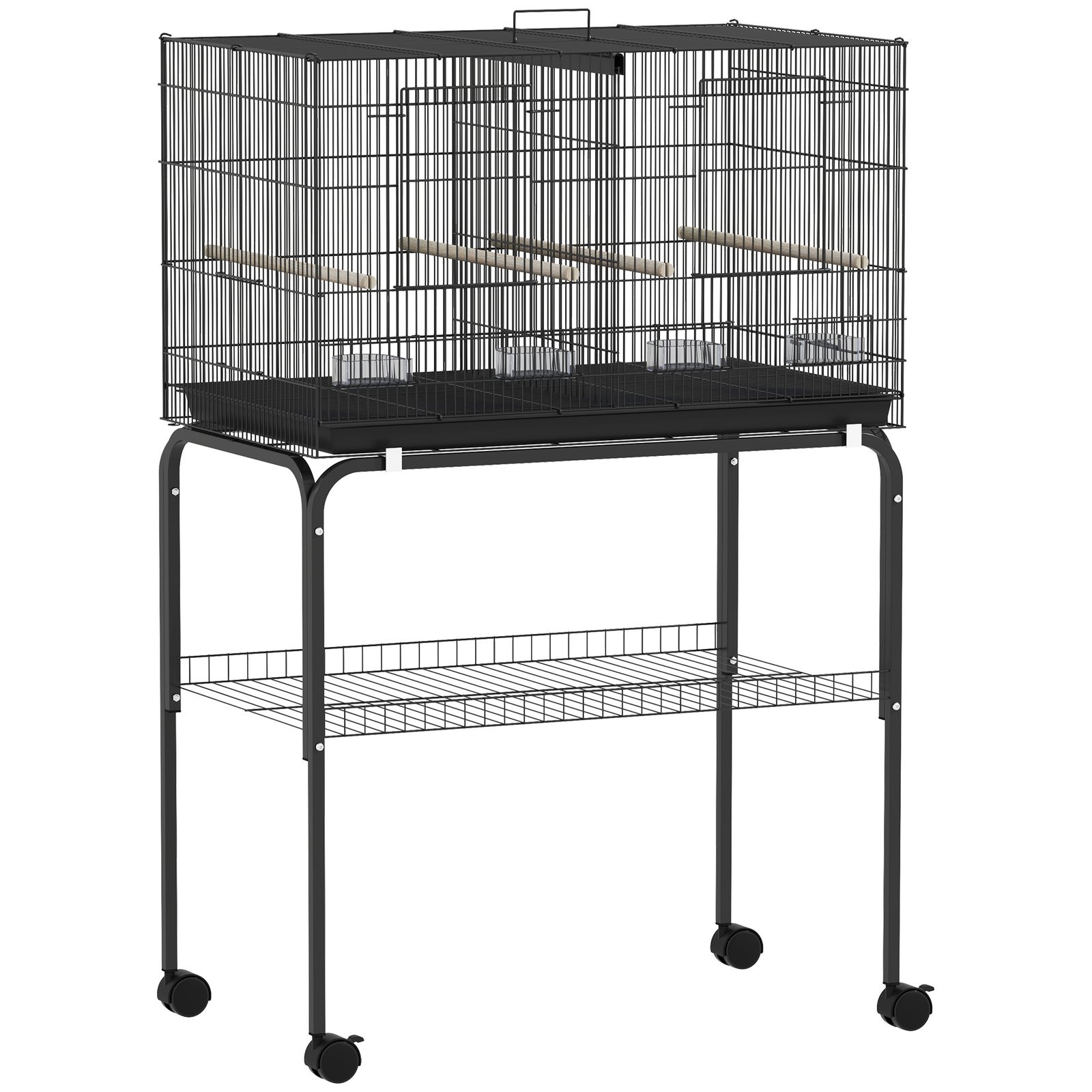 Bird Cage with Divider, 4 Wooden Perches, Slide Out Tray, 4 Feeders, for Budgie, Lovebird, Canary, 76 x 46 x 116cm Black