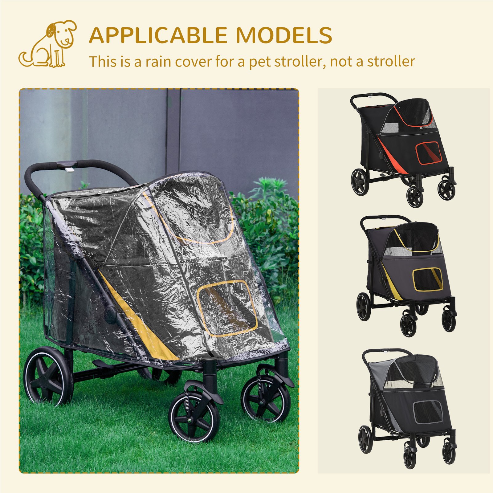 One-Click Foldable Pet Travel Stroller with Rain Cover, Cat Dog Pushchair with Universal Front Wheels, Shock Absorber, Storage Bags, Mesh Window, Safety Leash for Large and Medium Dogs (Grey) - Image 6